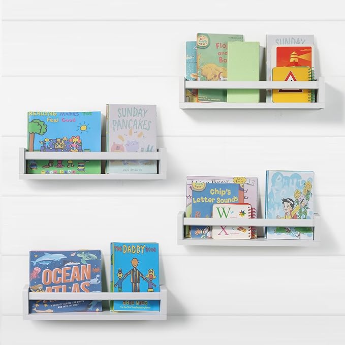Nursery Room Shelves Set of 4, Wood Floating Book Shelves