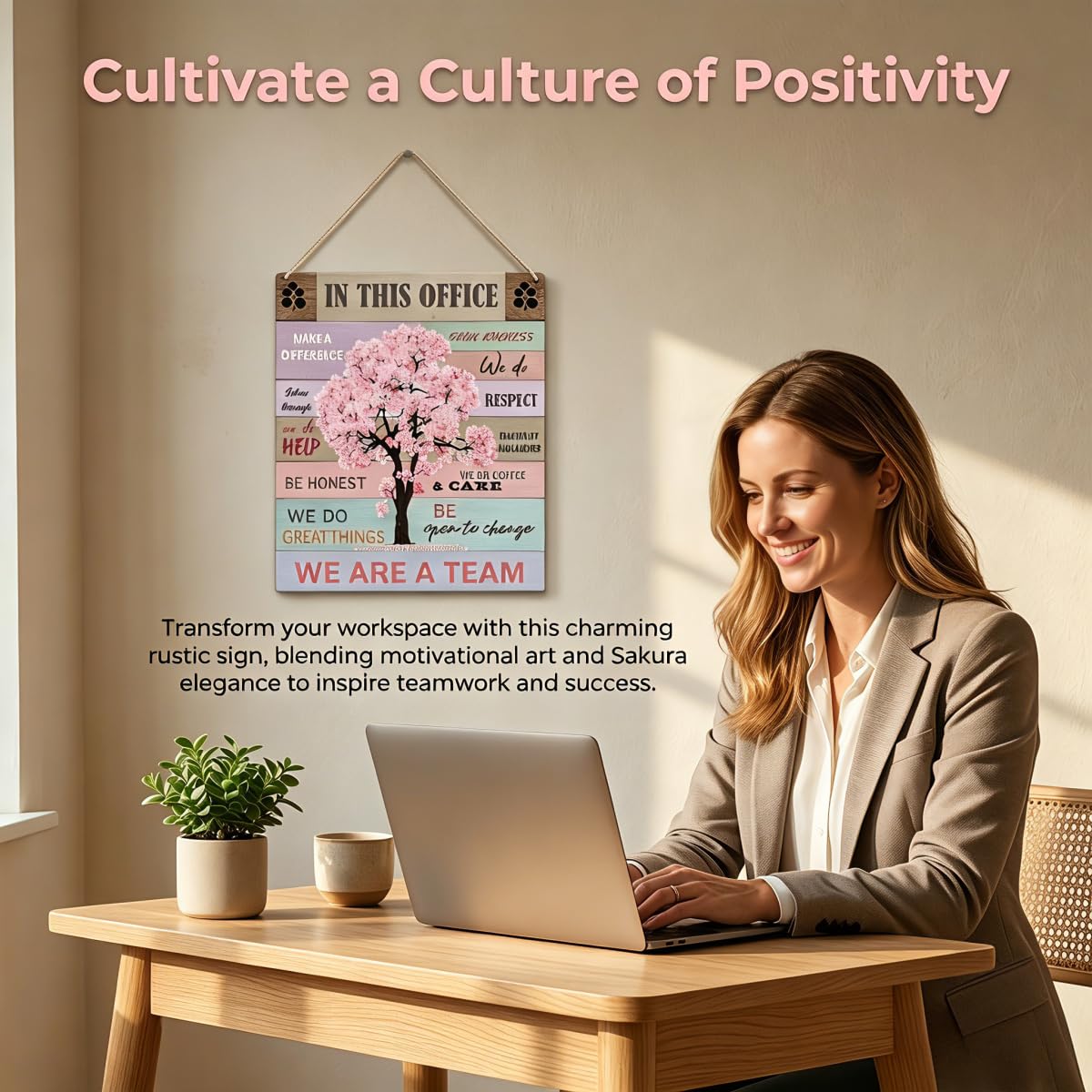 Inspirational Pink Office Decor for Women, In This Office We Make a Difference, Rustic Desk Wall Art, 8×10 Inch Wooden Hanging Sign, Motivational Home Office Decoration