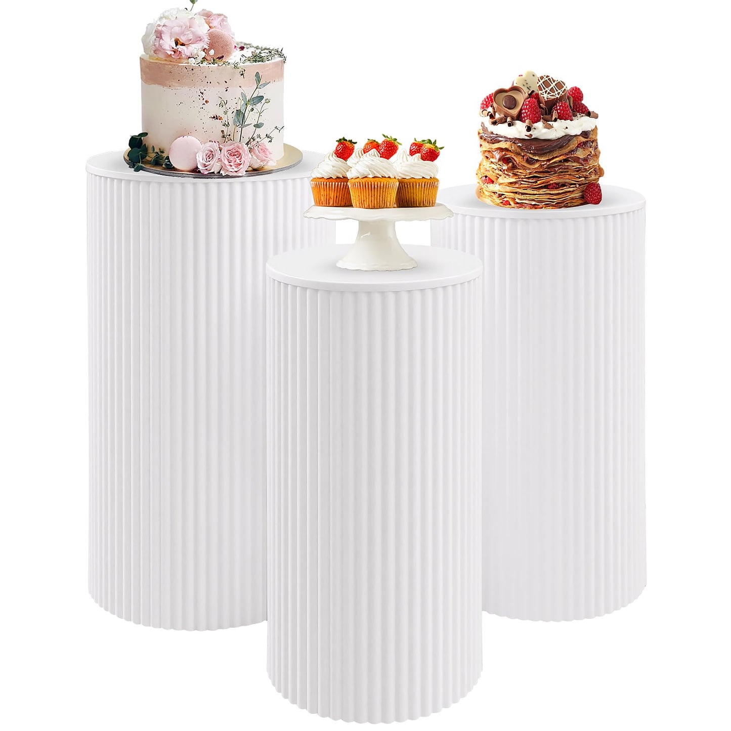 JALANCY Metal Pleated Cylinder Pedestal Stands for Party, 3 Pieces Heavy Duty Round Cake Pedestal Stand Display Plinth Pillars Art Decor for Wedding Ceremony Birthday Party（Small, White）