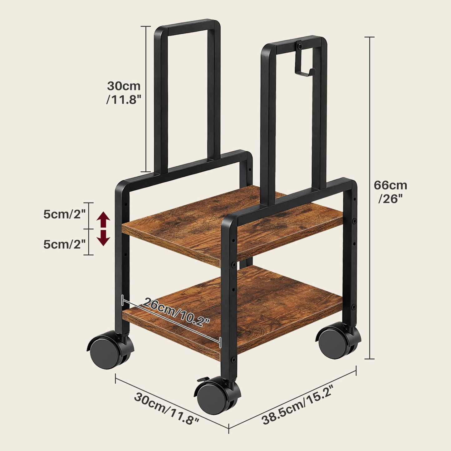 ZIIWIND Adjustable 2-Tier PC Stand, Computer Tower Stand with 360° Locking Wheels & Hooks, CPU Cart for Floor, Carpet and Under Desk, 15.2" x 11.8" x 26", Rustic Brown