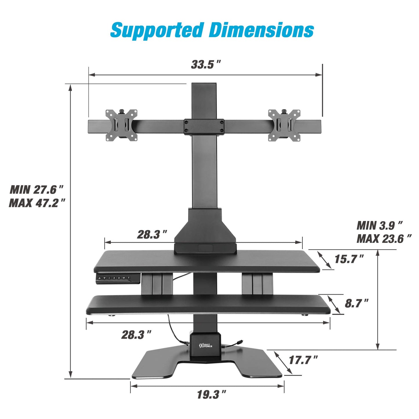AVLT Electric Standing Desk Converter for Dual 32" Monitors, Motorized Sit to Stand Riser with 28"x16" Tabletop, Large Keyboard Tray, Height Adjustable, Sturdy Base, Small Footprint