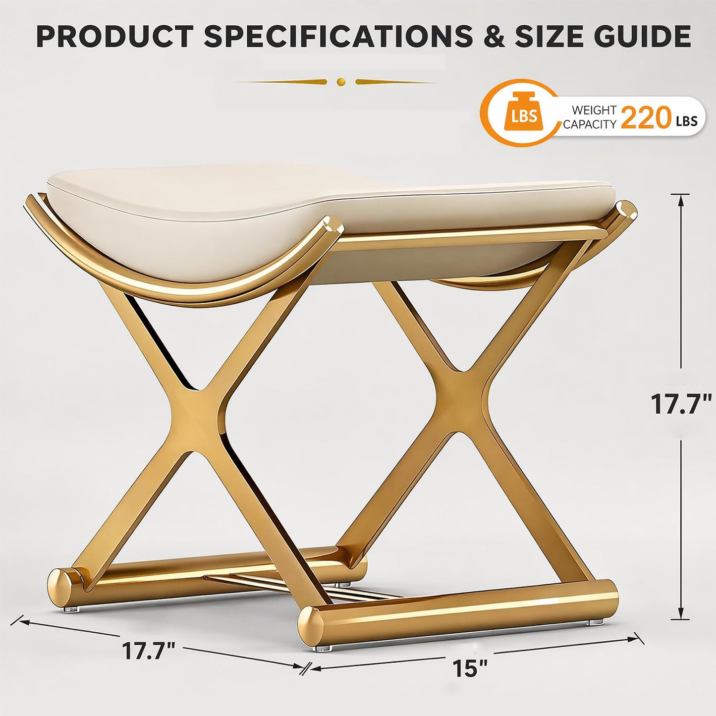 KUCKGO Modern Bathroom Vanity Stool Makeup Chair - Backless Leather Vanity Bench Seat with Metal X Legs, Small Ottoman Footstool for, Bedroom, Living Room, Dressing Room, Gold
