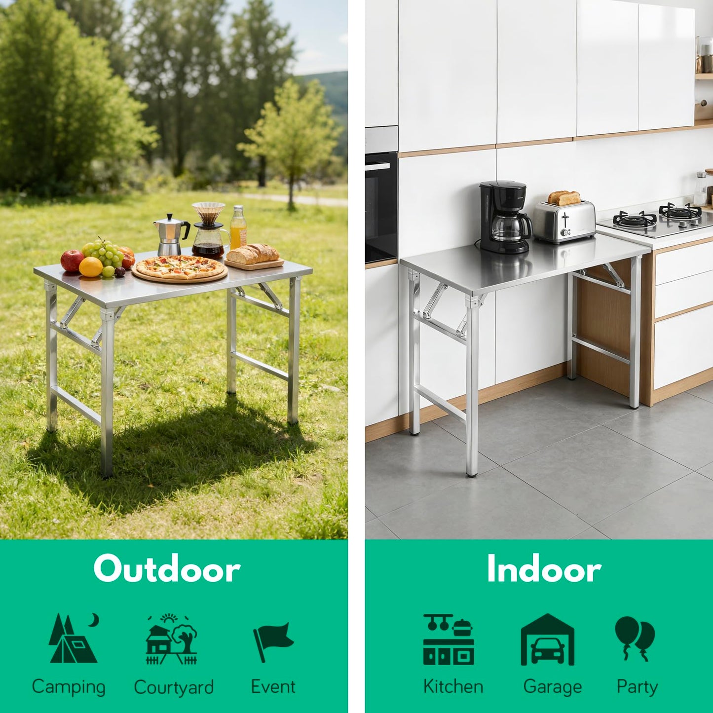 GABETLET Stainless Steel Folding Table, 36" x 18" Kitchen Prep Table Workbench, Foldable Work Table Countertop with 220 LBS Capacity, No Assembly Required, for Home Kitchen Commercial Garage Outdoor
