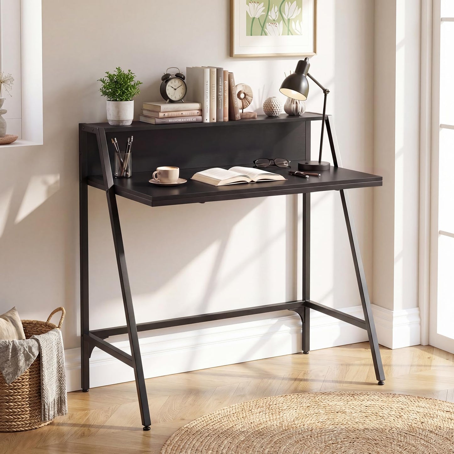 Giantex 31.5” Small Computer Desk, Industrial Writing Desk with Raised Storage Shelf & Heavy-Duty Metal Frame, Compact Study Desk Computer Workstation for Bedroom Dorm (Black)