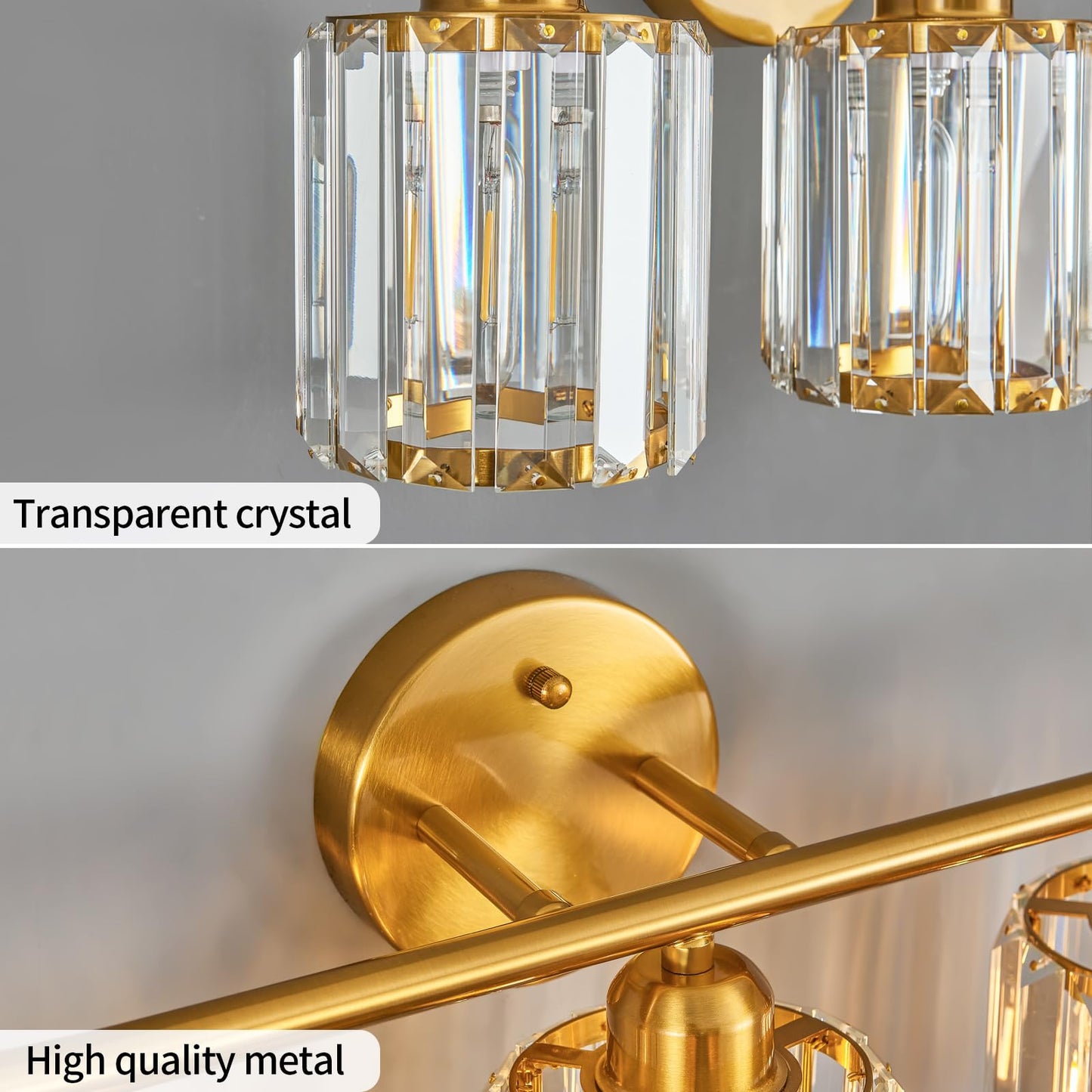 FDPBY Modern 4 Light Crystal Vanity Light, Brushed Gold Vertical Bathroom Light Fixture Over Mirror for Dressing Table Sink, Compatible with Dimmable Bulbs (Bulbs Not Included)