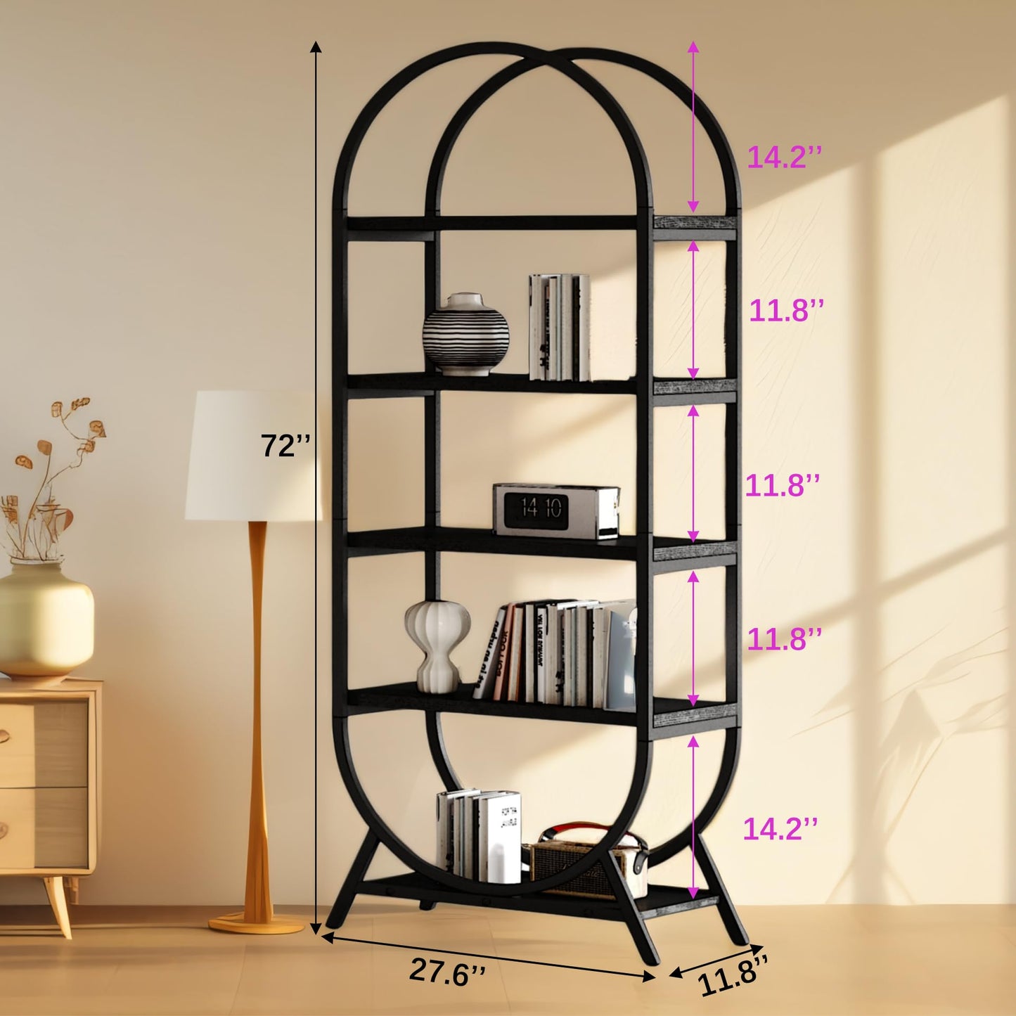 BIASUNS Arched Bookshelf,5-Tier Tall Wide Open Bookshelf,Modern Brown Storage Bookshelves, Freestanding Display Rack Shelving Unit for Office, Bedroom, Living Room, Easy Assembly, Black