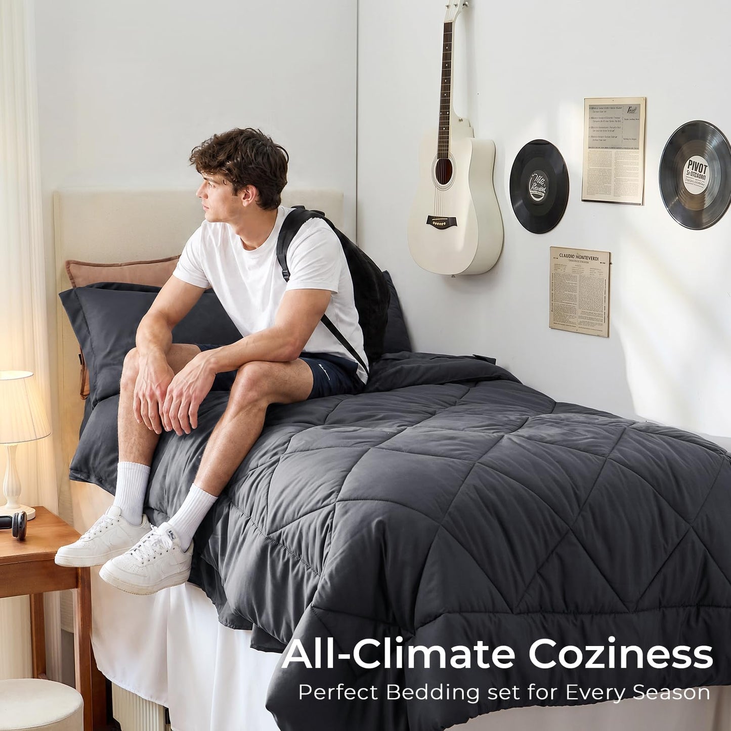 HEVUMYI Twin Comforter Set - 5-Piece All Season Bed in a Bag Twin, Ultra Soft Bedding Set with Comforter, Flat Sheet, Fitted Sheet, Pillowcases, Pillow Shams, Dark Grey