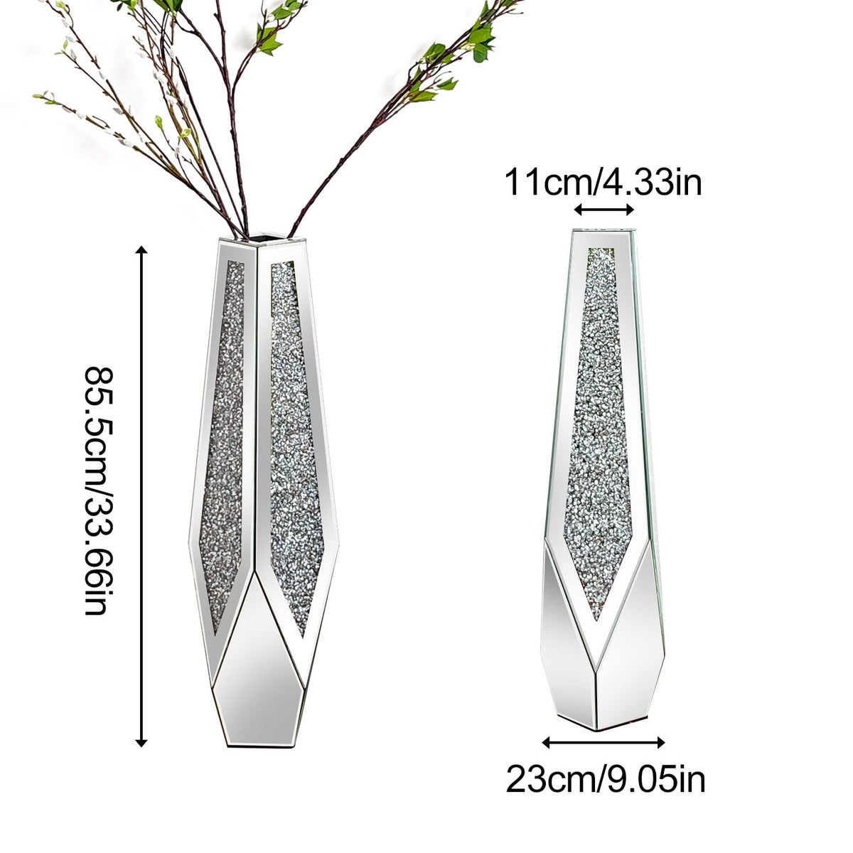 Artloge Mirror Floor Vase Crushed Diamond Silver Bling Centerpiece 33.6 inch Tall