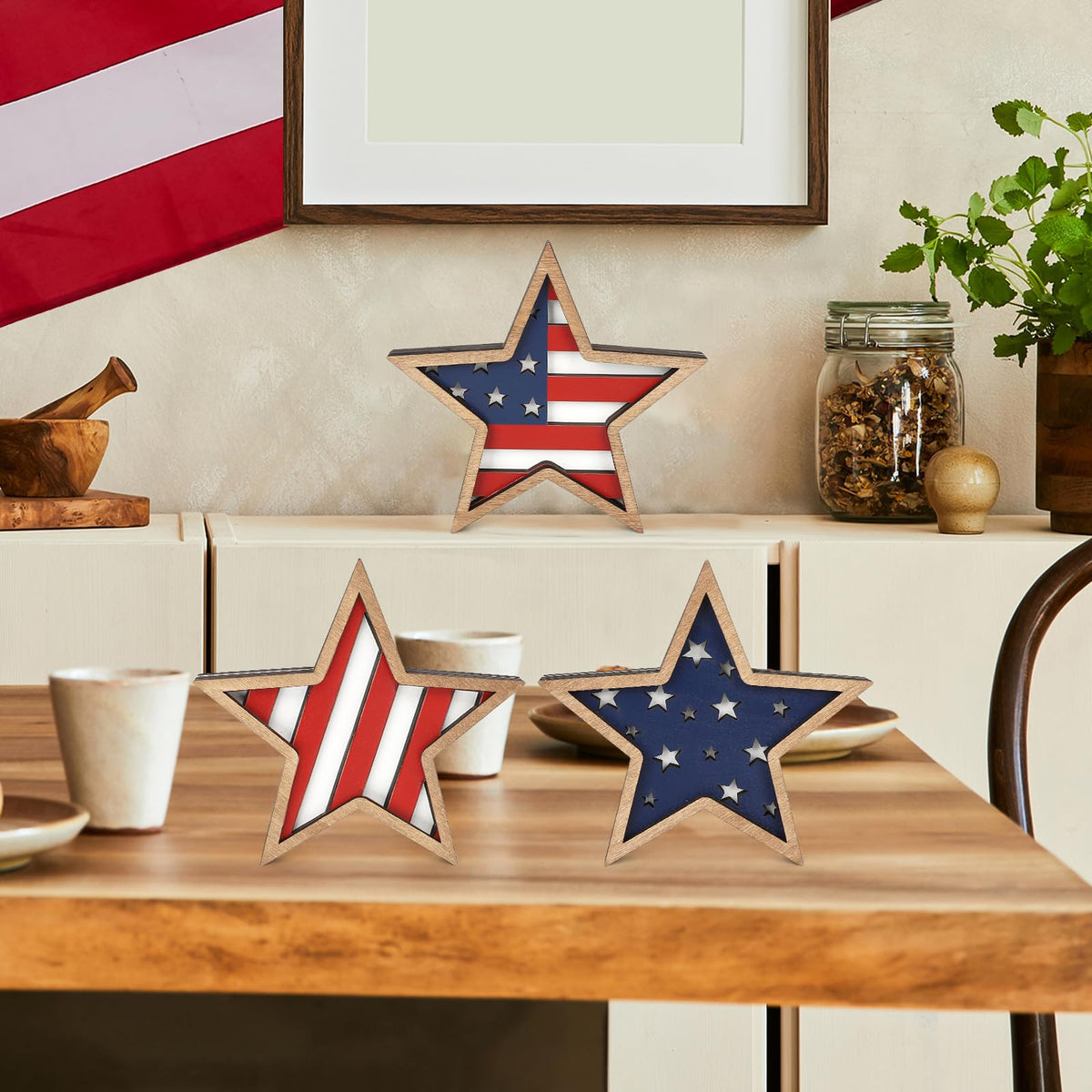 COCHIE 4th of July Decorations Wooden Stars, Patriotic Memorial Day Star Tiered Tray Decor Set of 3, Fourth of July Red White Blue Decoration for Home Office Table Shelf (Flag Hollow)