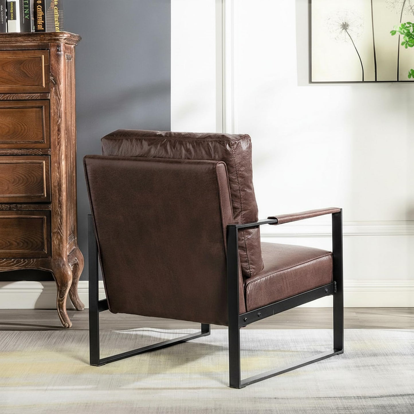 Container Furniture Classic Mid Century Modern Accent Chair with Durable Square Metal Frame, Armchair for Living Room, Bedroom, Home Office in Spotted Microfiber Upholstery, Dark Brown