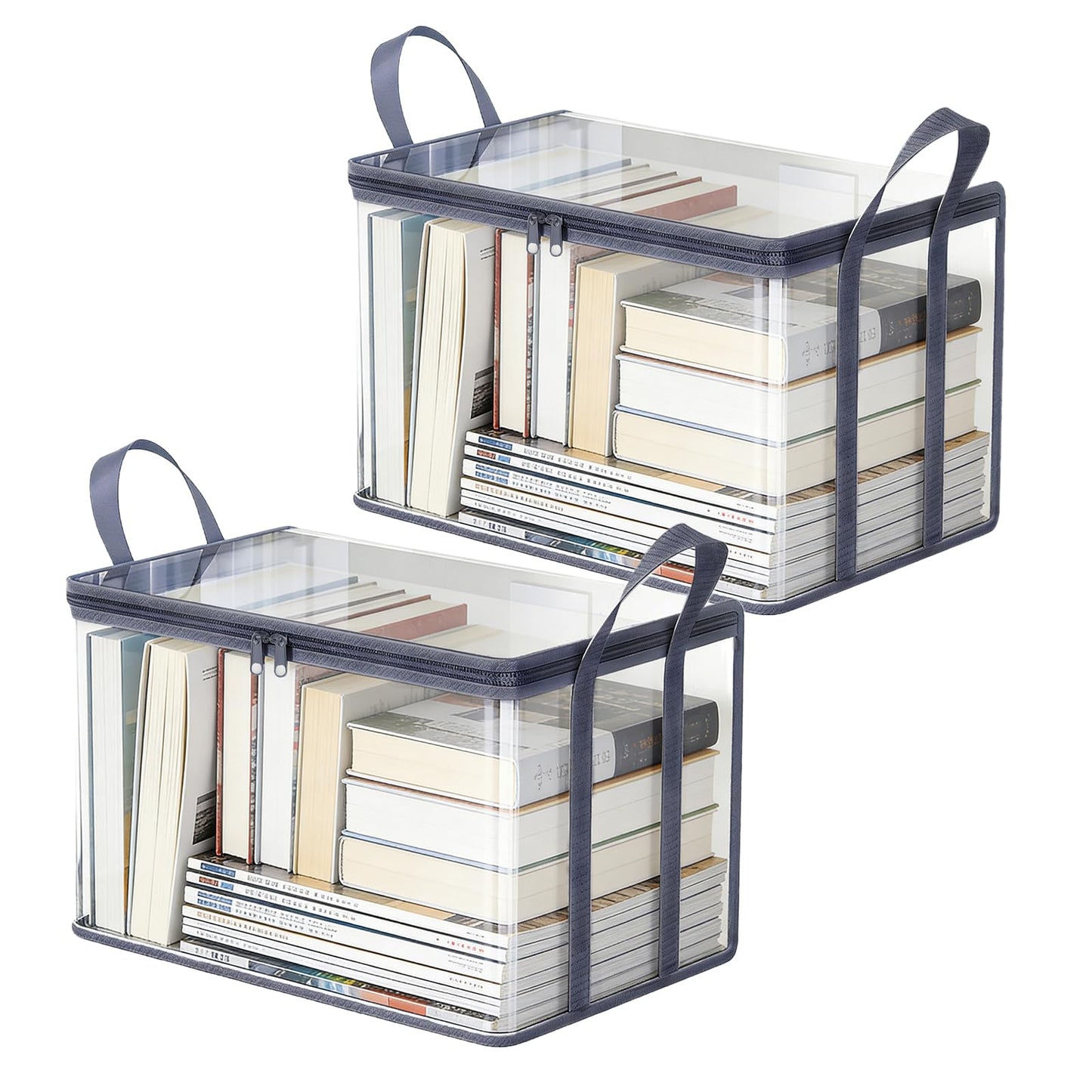 2-Pack Large Clear Book Storage Bags - Waterproof Plastic Comic Book Bin with Carrying Handles - Portable Book Display Case & Closet Organizer for Used Books, DVDs and Magazines - 15" x 9.5" x 12.5"