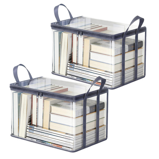 2-Pack Large Clear Book Storage Bags - Waterproof Plastic Comic Book Bin with Carrying Handles - Portable Book Display Case & Closet Organizer for Used Books, DVDs and Magazines - 15" x 9.5" x 12.5"