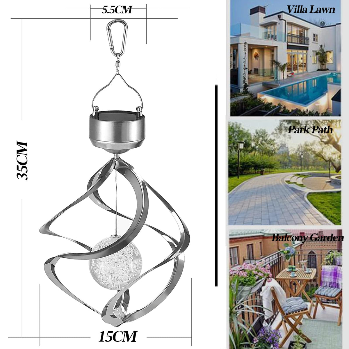 Powstro Solar Hanging Crystal Ball LED Lamp for Lawn Garden Outdoor Decor