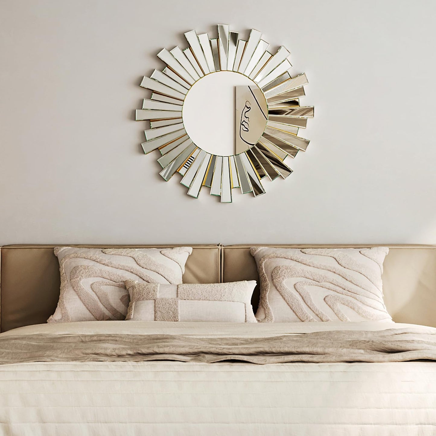 MYOTA Silver Sunburst Wall Mirror, 26" Decorative Round Accent Mirror with Beveled Mirrored Frame, Modern Glam Luxury Wall Decor for Living Room, Bedroom, Entryway, Dining Room and Fireplace