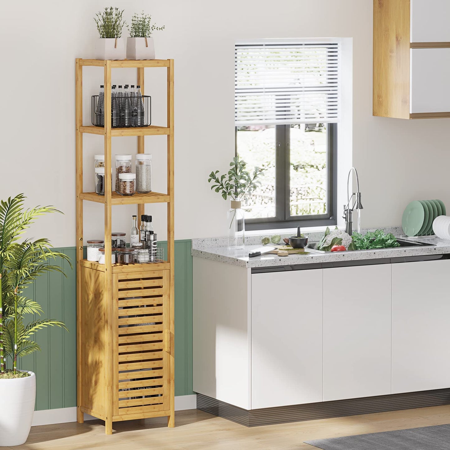 VIAGDO Storage Tall Slim Cabinet with Shutter Door and 3 Tier Shelves, Freestanding Linen Tower Cabinet for Living Room, Kitchen, Bathroom Organizer, Natural Bamboo