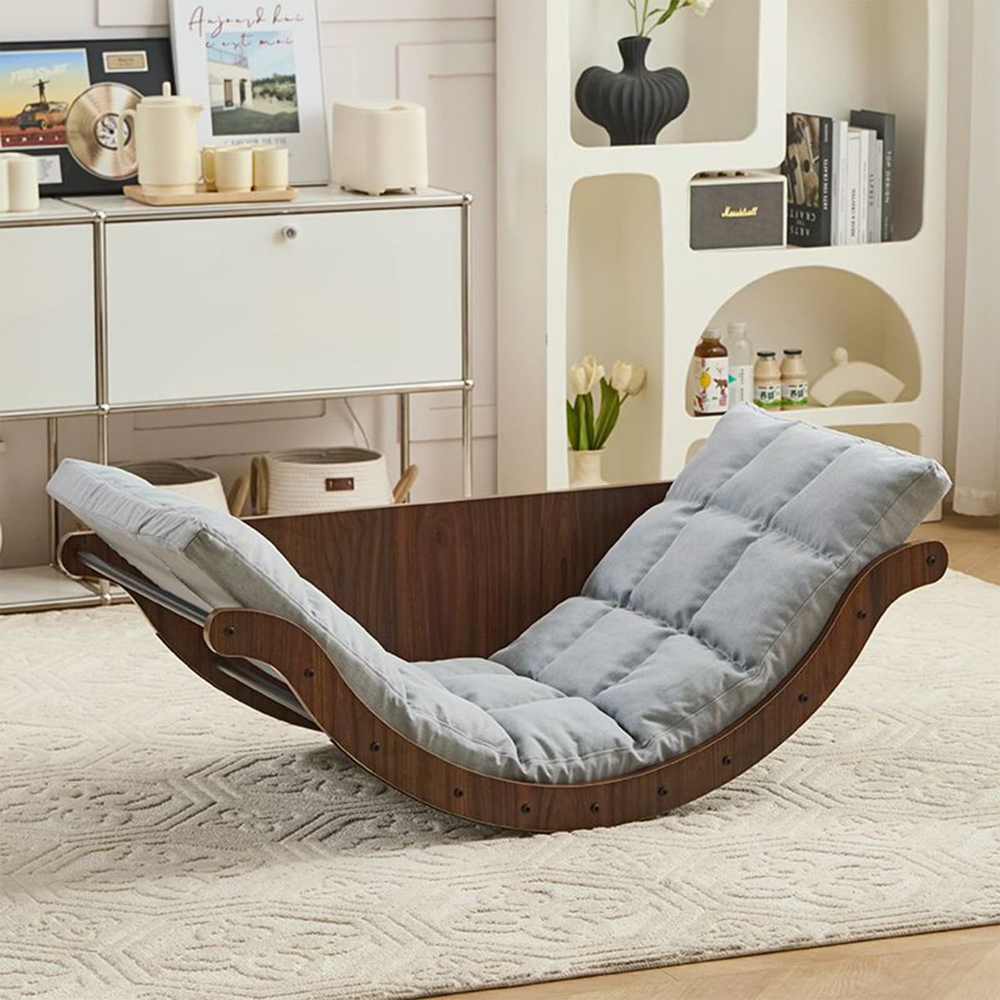 Curved Rocking Lounge Chair for Living Room, Multifunctional Lazy Lounge Chair, Human Dog Nest Napping Chair, Dormitory Balcony Sofa Chair (Grey)