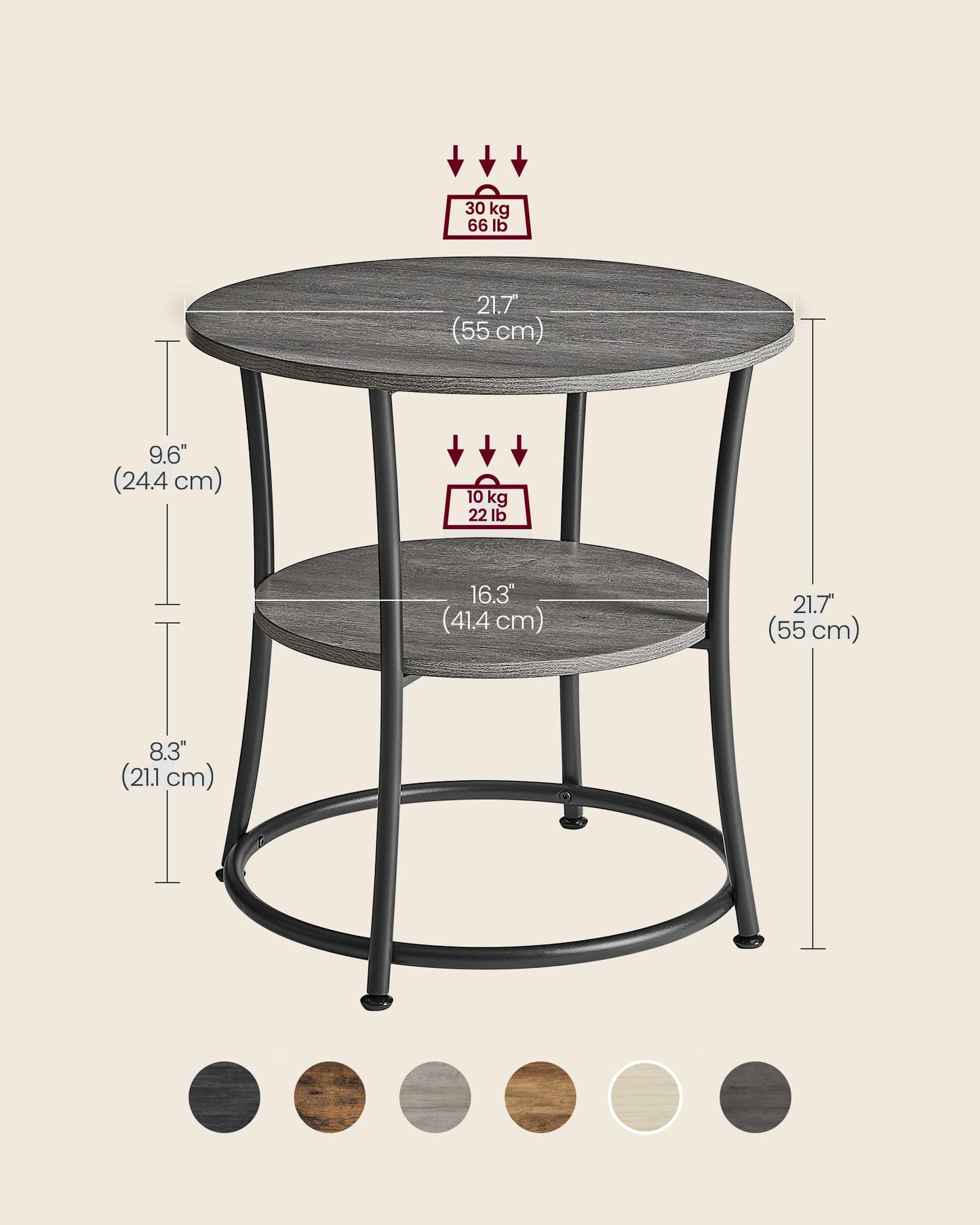VASAGLE 21.7-Inch Round Side Table, 2-Tier End Table, Nightstand with Steel Frame, Spacious Top, for Small Spaces, Living Room, Bedroom, Misty Gray and Ink Black ULET056G68