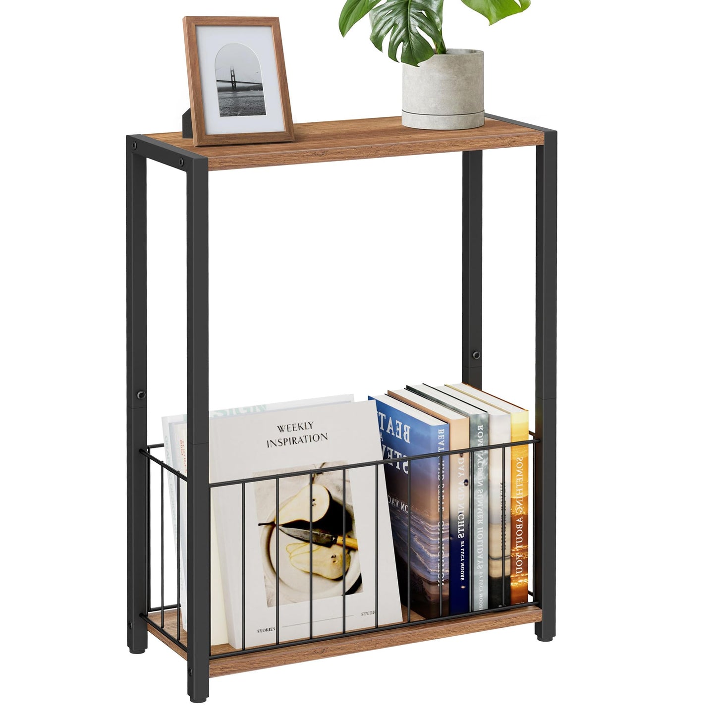 Homleke Narrow Side Table with Magazine Holder, Skinny End Table Perfect for Small Spaces, Space-Saving Design for Living Room, Bedroom, or Office, 7.1" D x 16.9" W x 23.6" H, Rustic Walnut
