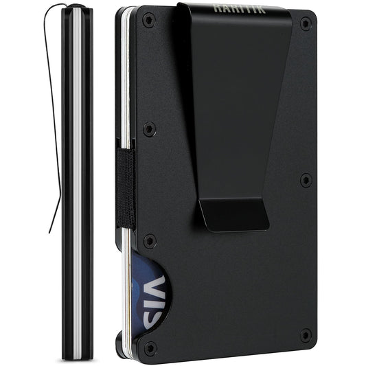 RARITIK Minimalist Carbon Fiber Wallet for Men, Money Clip Cash Strap Wallet, RFID Blocking Metal Wallet Aluminum Card Holder,Front Pocket Wallet(Matte Black)