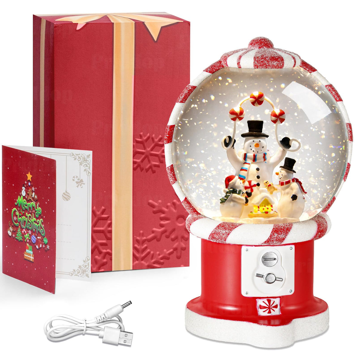 Priddop Snowman Snow Globe Christmas Classic Candy Vending Machine Shape Gifts USB/Battery Musical Glitter Snowfall USB/Battery Timer Christmas Decorations Indoor 7.8 inch