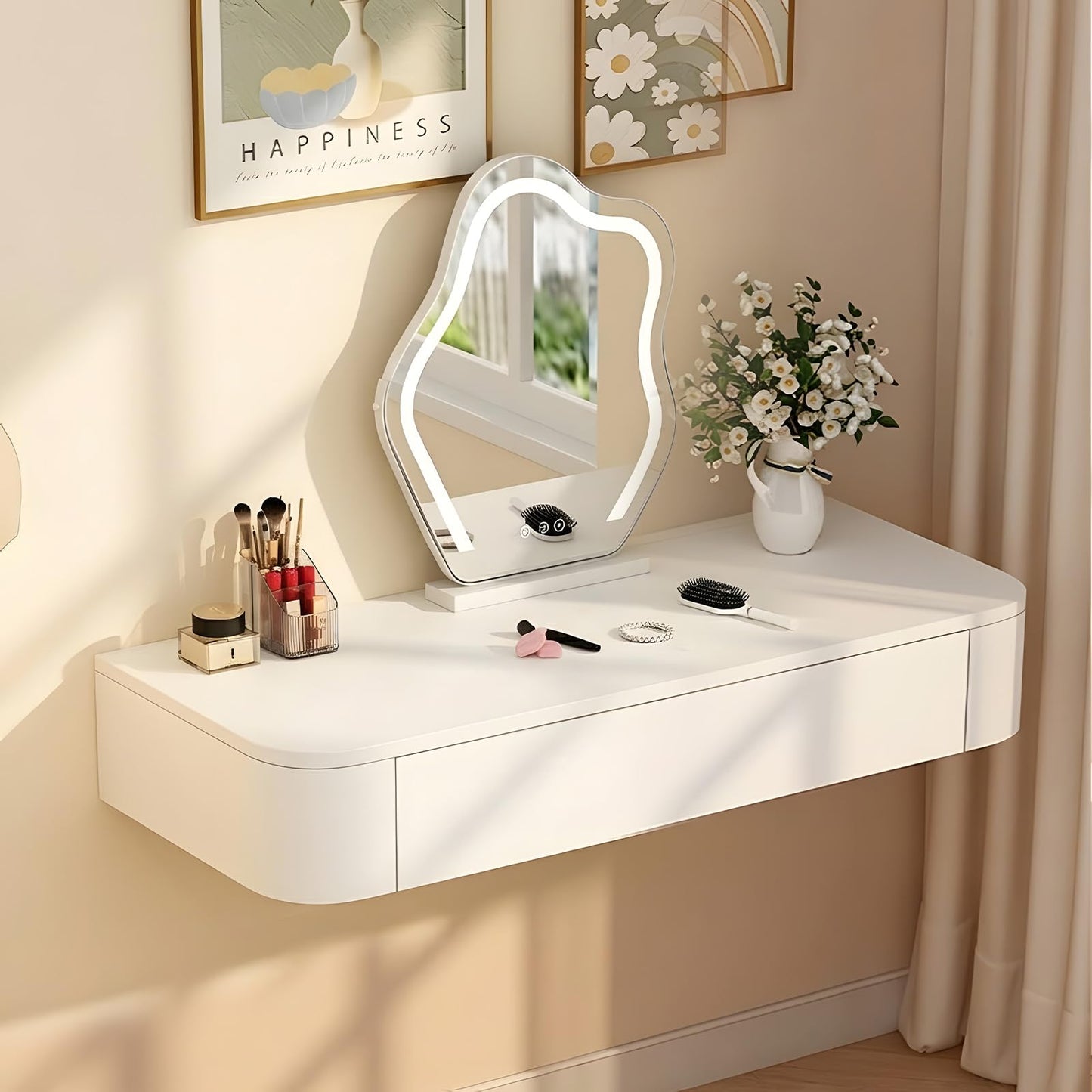 Quvex Fully Assembled Floating Makeup Vanity Desk, Wall Mounted Dressing Table with Drawers, Rounded Corners, 23.6" - 63" Available, Space-Saving Modern Hanging Dresser for Bedroom, Table Only