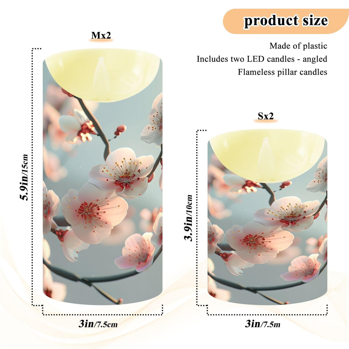 ALAZA Spring Pink White Flower Branches Flickering Flameless Candles Battery Operated with Remote Timer,Tea Light Candles LED Pillar Votive Set of 2 for Outdoor Indoor Decorations 3" x5.9"