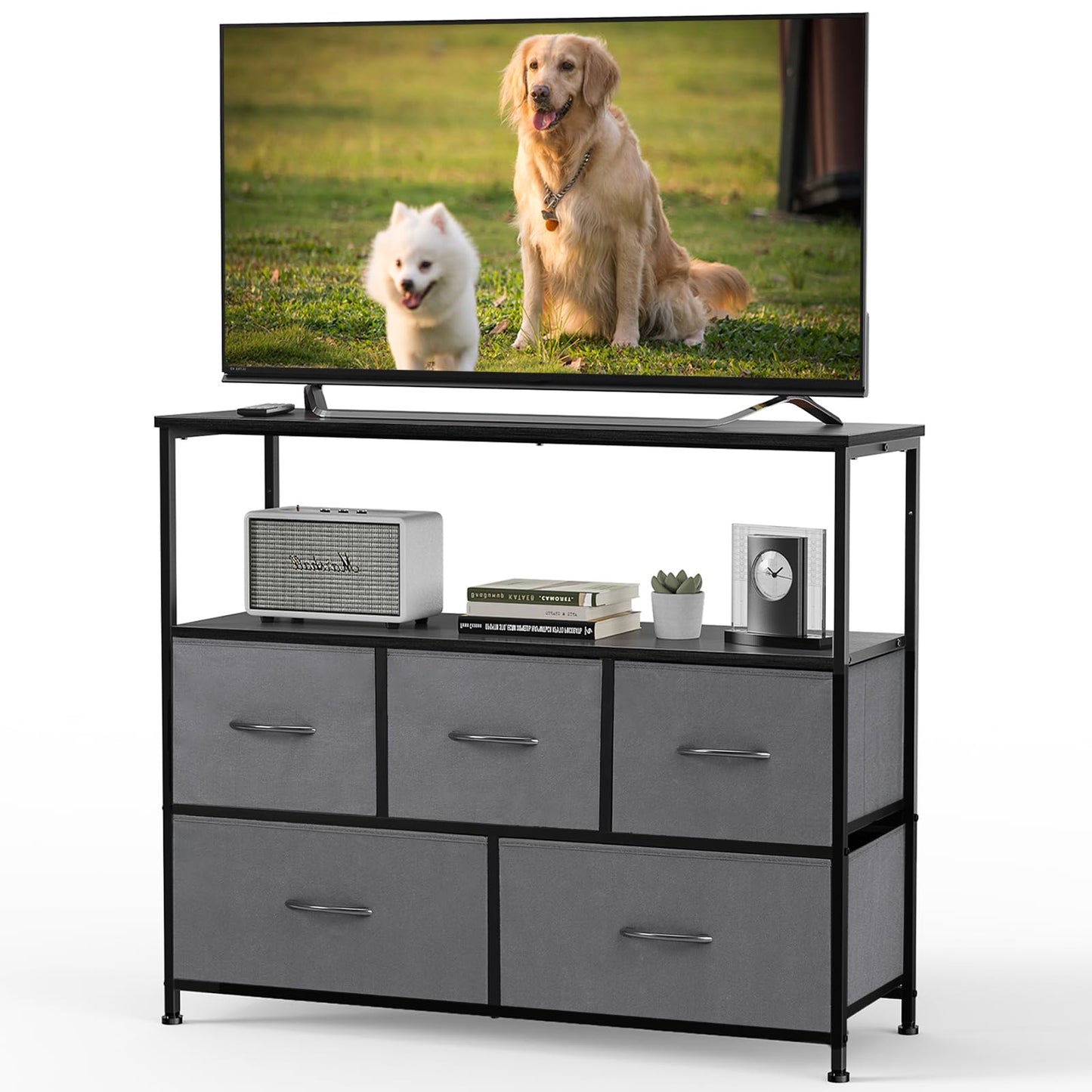 DUMOS TV Stand Dresser with 5 Fabric Storage Drawers, Media Console Featuring Open Shelf for 45 inch TV, Compact Entertainment Unit for Bedroom, Living Space, or Dorm Organization, Grey