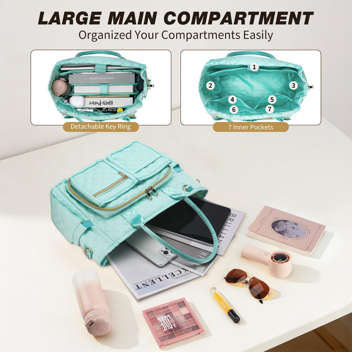 KOPKOFT Large Bible Cover Case for Women, Quilted Church Tote Bag with Shoulder Strap, Bible Study Supplies Journaling Kit Bible Accessories, Christmas Christian Gift for Women (Blue Green)