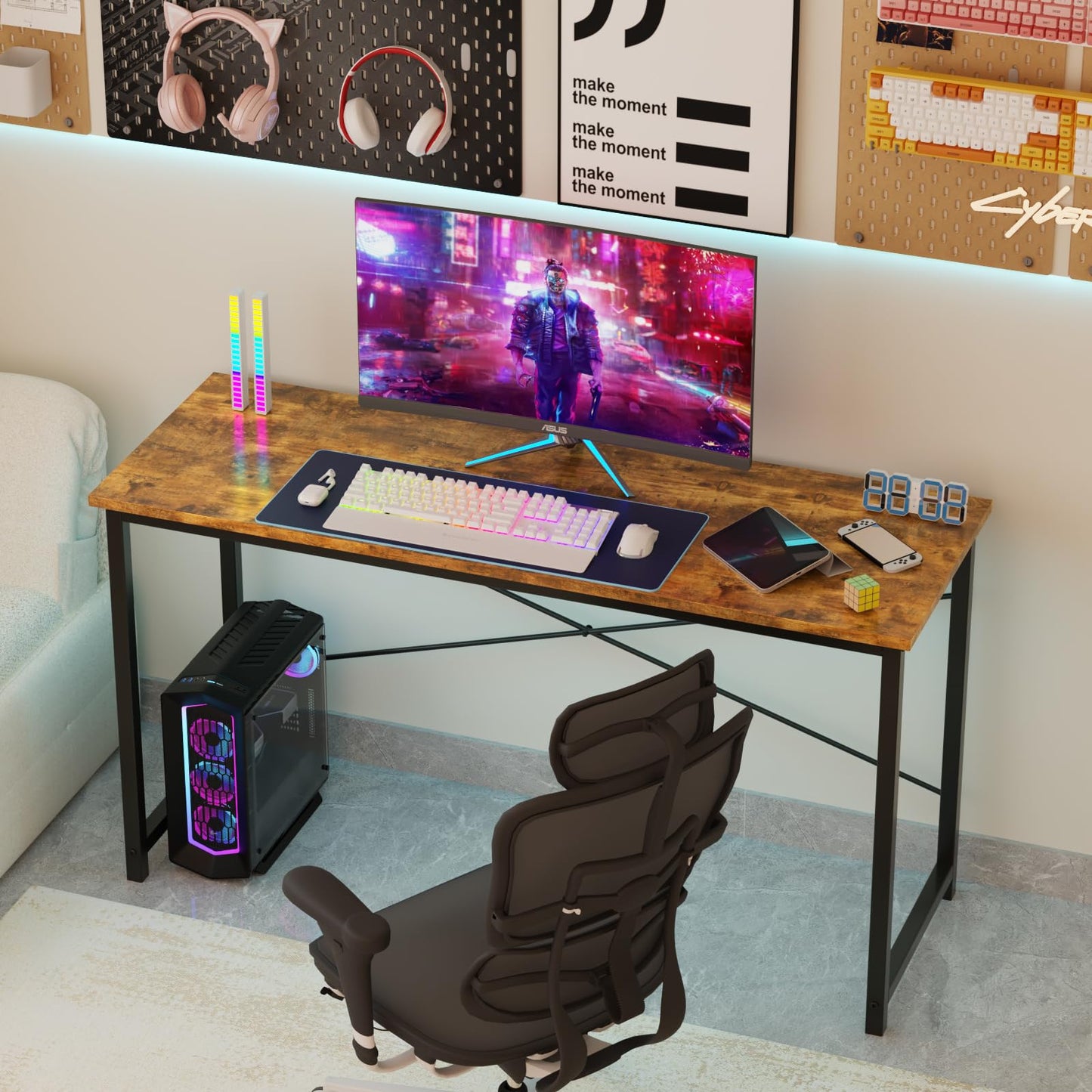 Sweetcrispy Computer Small Office Desk 40 Inch Student Study Writing Work with Headphone Hooks & Storage Bag Modern Simple PC Home Bedroom Table, Rustic Brown