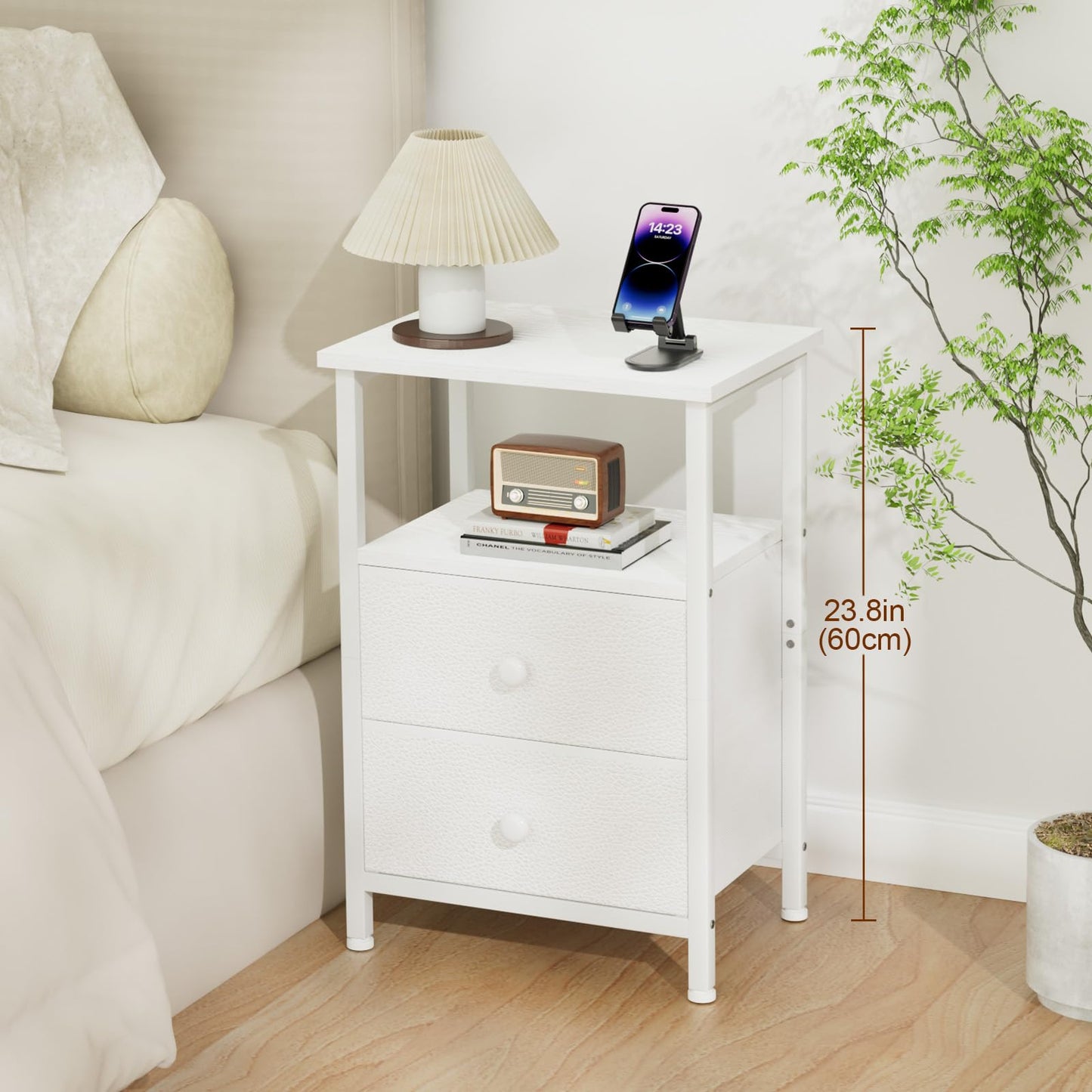 LOAKEKEL Night Stand, Nightstand with 2 Fabric Drawers for Bedroom, Small End Table with Open Storage Shelf for Living Room, Bedisde Table for Apartment, White, HETS002WP-1
