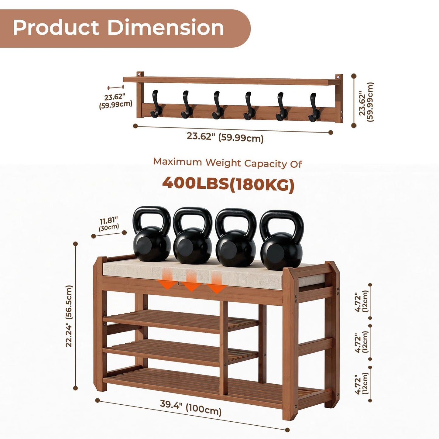 ACSWOD 39.4" Bamboo Shoe Bench with Cushion, 6 Hooks Coat Rack, 3-Tier Adjustable Storage Bench for Entryway, Heavy Duty Shoe Rack Organizer with Removable Soft Cushion for Living Room Bedroom Hallway