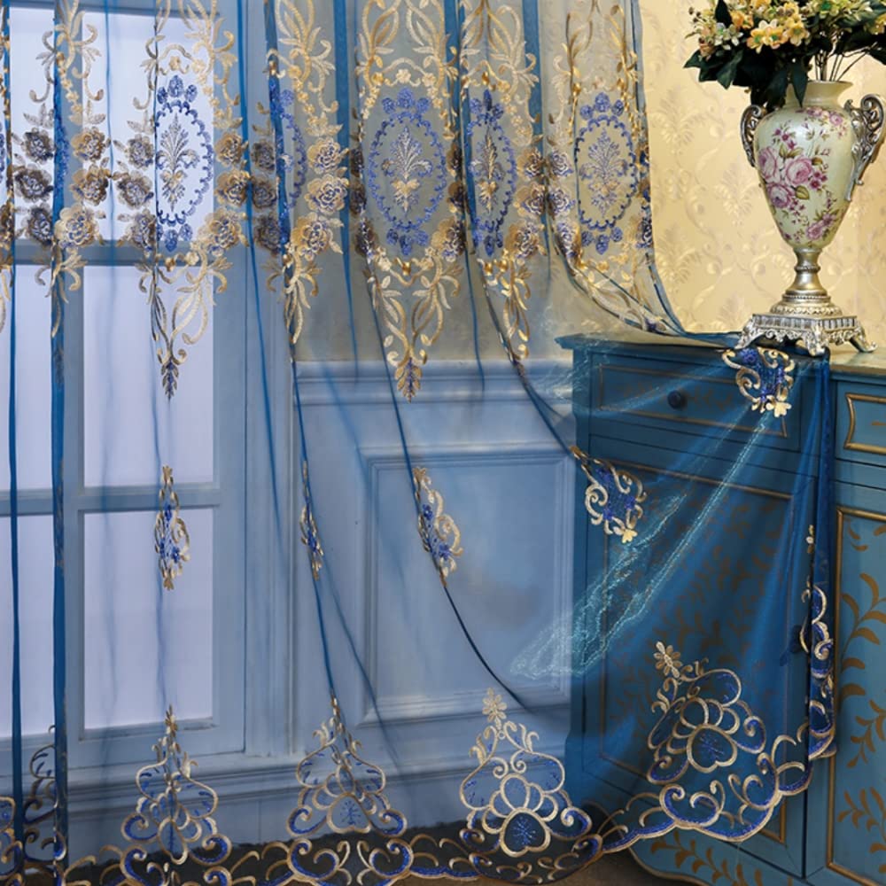 Amidoudou 1 Pair European Jacquard Sheer Curtains for Living Room Bedroom Luxury Embroidered Tulle Curtains (Blue,52x90 Inch)