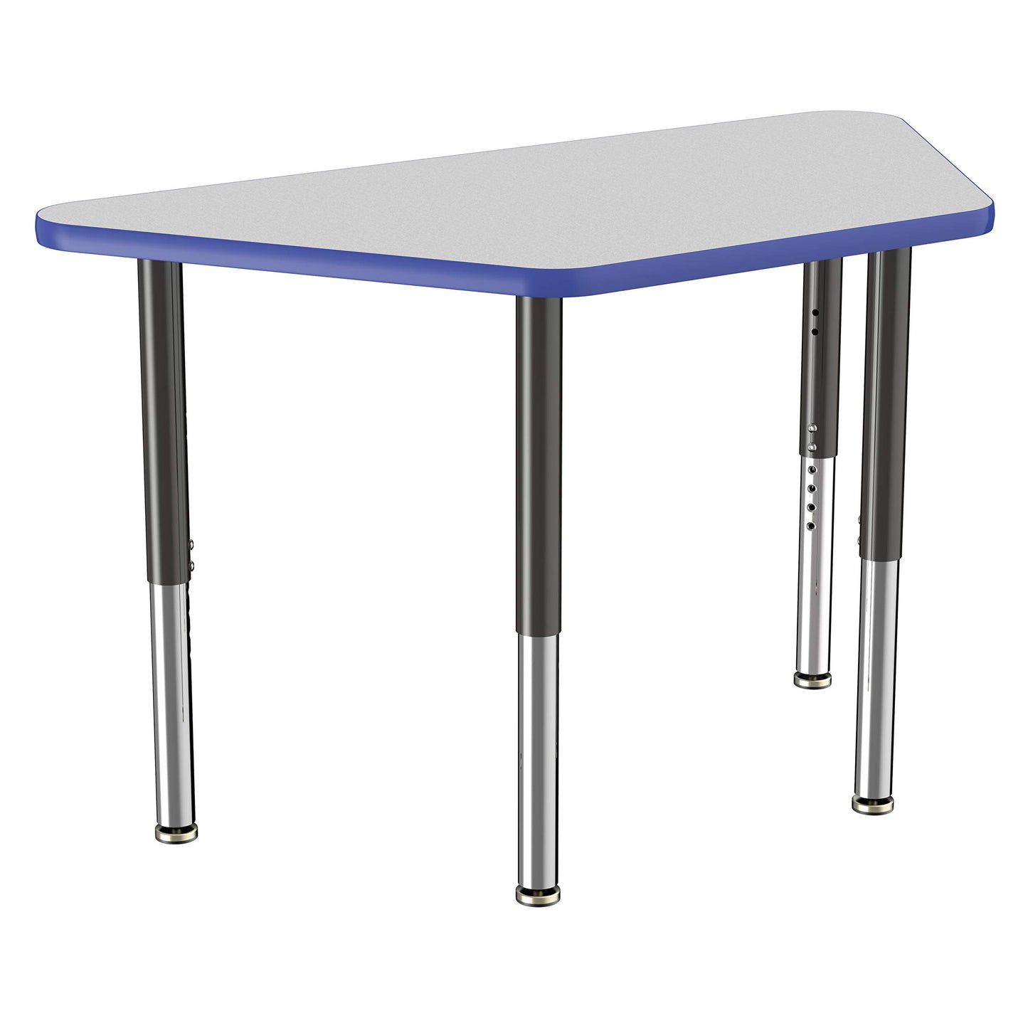 FDP Mobile Trapezoid Activity School and Office Table (24 x 48 inch), Super Legs with Glides and Casters for Collaborative Environments, Adjustable Height 19-30 inches - Gray Top and Blue Edge