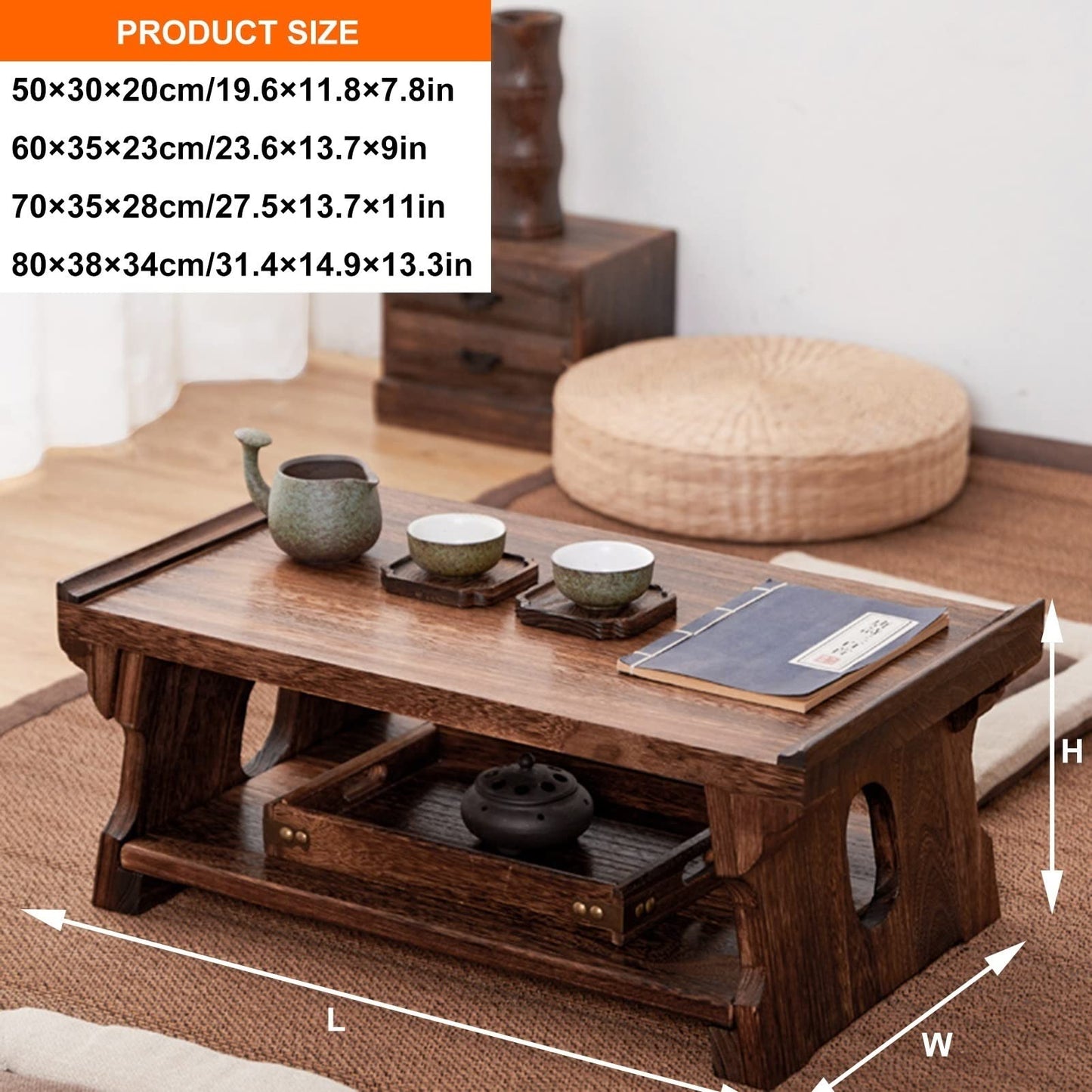 Portable Antique Tatami Floor Table - Low Meditation & Tea Table for Home & Garden, 70x35x28cm, Multifunctional Zen Furniture for Relaxation & Mindfulness