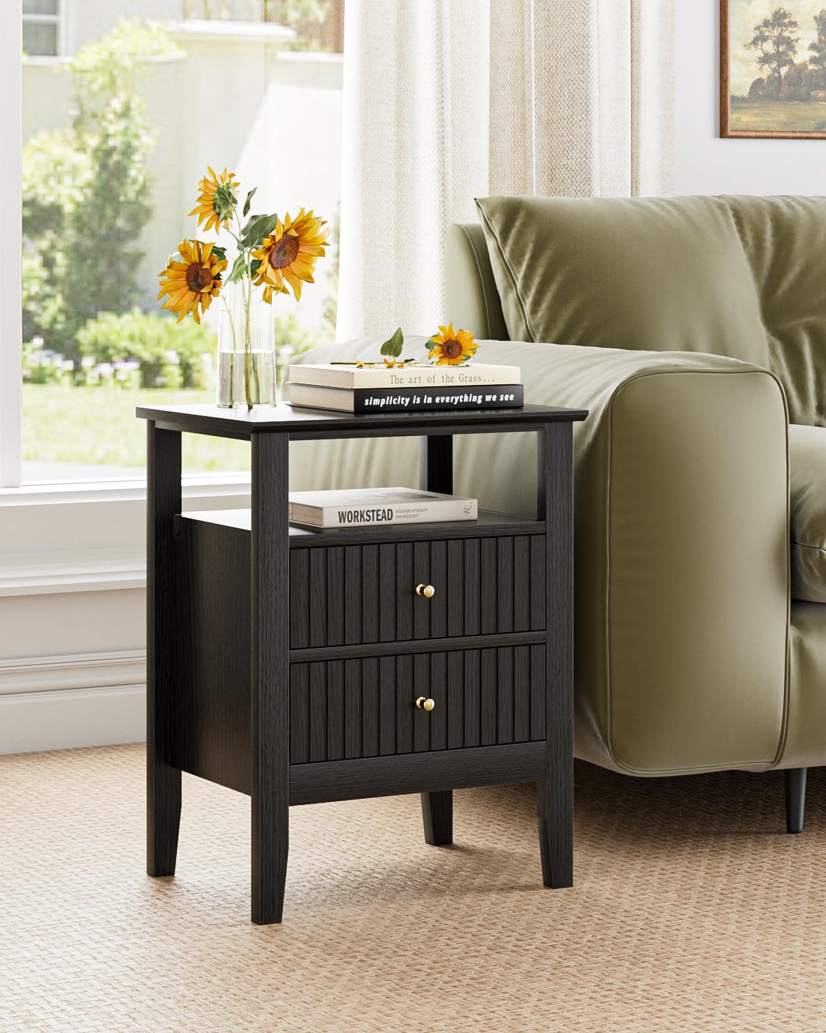 Apetaccat Fluted Nightstand, Farmhouse Night Stand with 2 Drawers, Mid Century Modern Side Accent Table,Bedside End Table for Bedroom, Living Room, Black