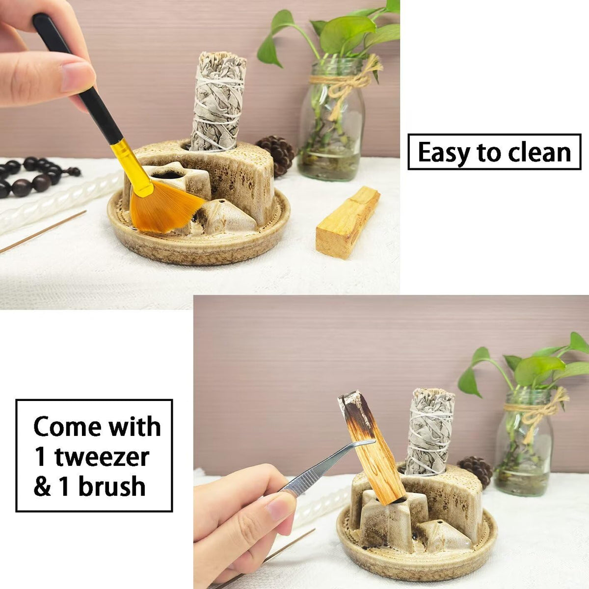 Aonfubu Palo Santo Stick Holder,Ceramic Sage Holder for Burning,4 in 1 Incense and Candle Holder,Ash Catcher Tray for Meditation Yoga Room Speckled White