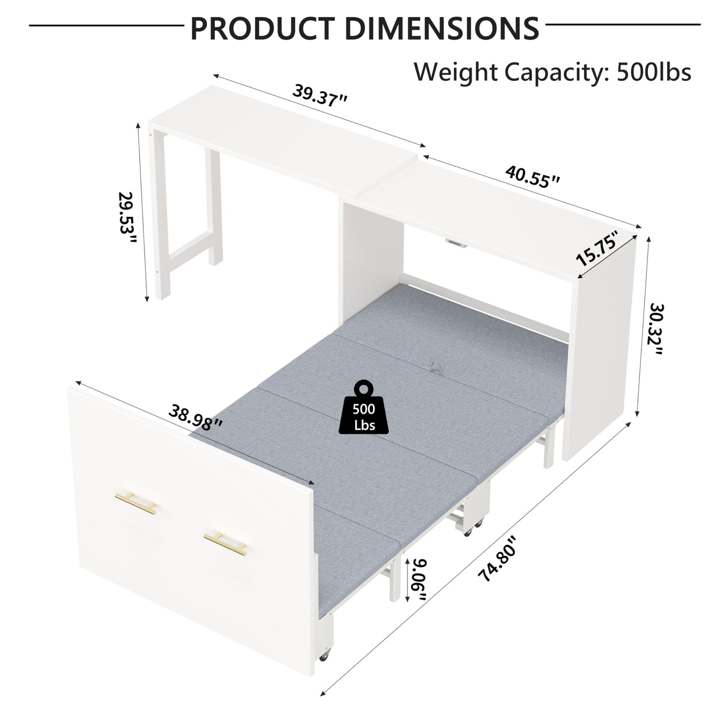 HECATEVIC Twin Size Murphy Bed with Desk, Space Saving Wall Bed with Foldable Mattress, Sturdy Metal Frame, for Bedroom, Apartment, Guest Room, Home Office, White