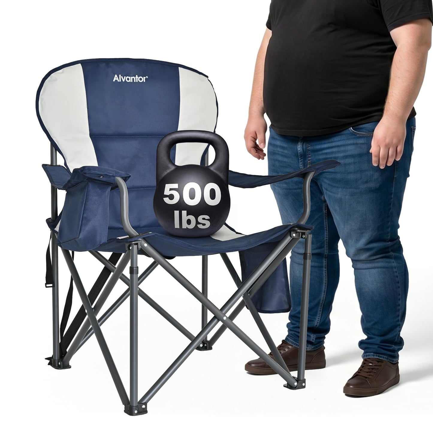 Alvantor Heavy Duty Folding Camping Chair, 500 LBS Oversized Outdoor Chair with Padded 600D Nylon Seat, Insulated Cooler Pocket, Portable for Hiking, Sports, Backyard