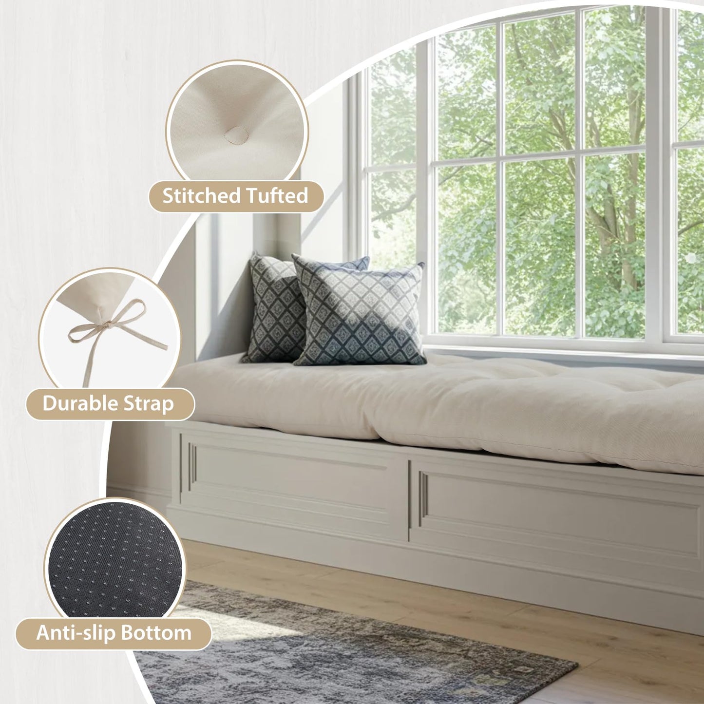 WEOAVRY 36 Inch Bench Cushions for Indoor Furniture, Super Soft Rectangle Bench seat Cushion Pad with Non-Slip Bottom, Waterproof Bench Pad for Window Porch(Beige, 36x15x4.5 Inch)
