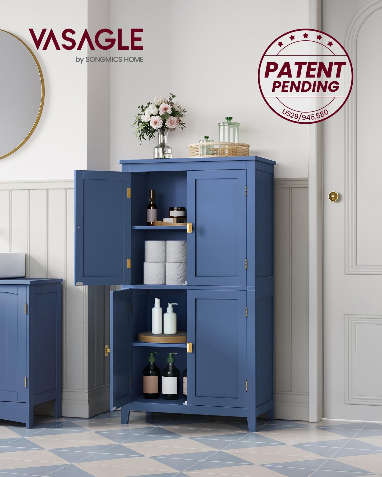 VASAGLE Floor Storage Cabinet, Freestanding Storage Unit with 4 Doors, Adjustable Shelves, 11.8 x 23.6 x 43.3 Inches, for Entryway, Bathroom, Harbor Blue UBBC552Q01