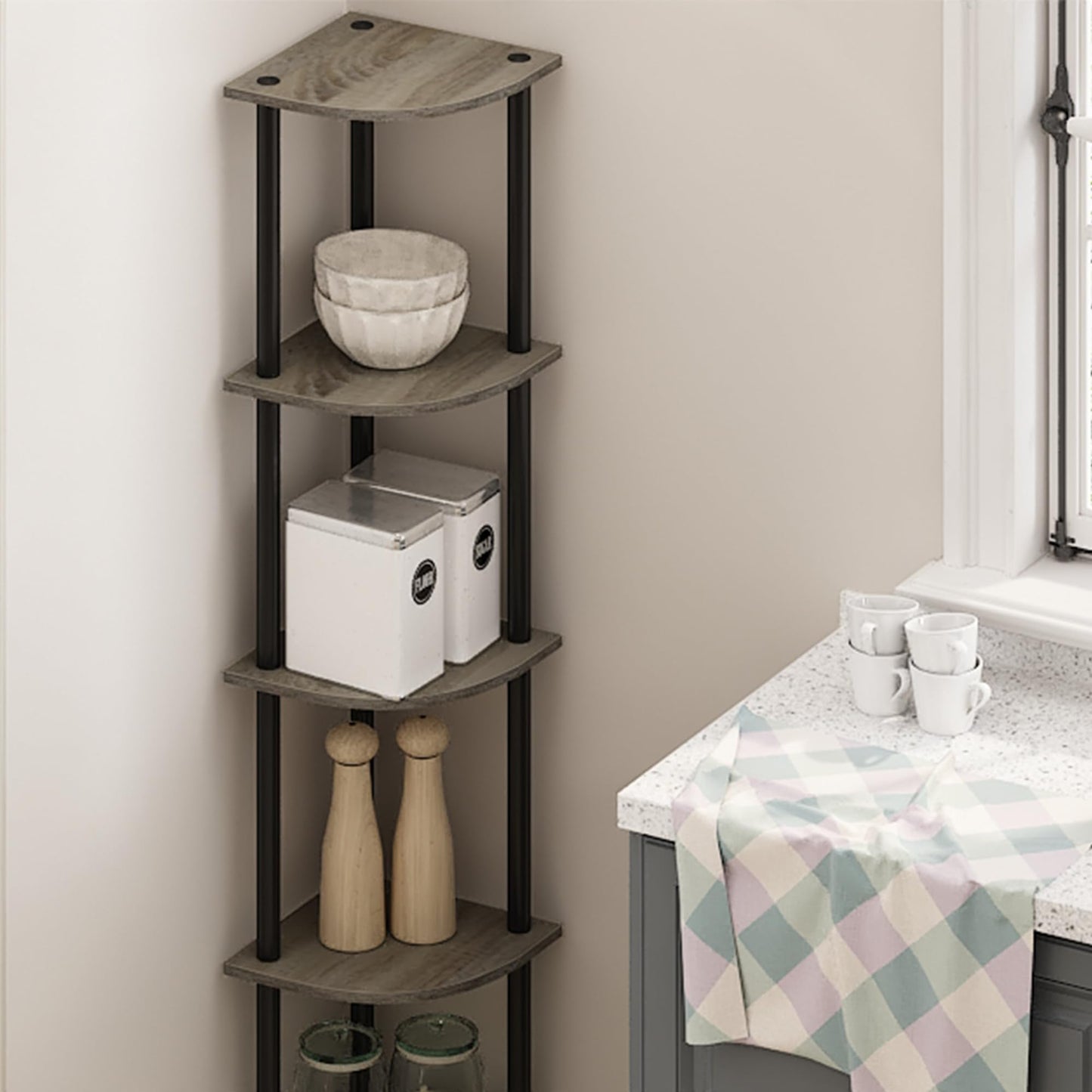 Furinno TURN-N-TUBE Corner Shelf, 5-Tier Corner Bookshelf, Open Storage Shelves, for Organization and Storage, Living Room, Home Office, Garage, Bedroom, French Oak