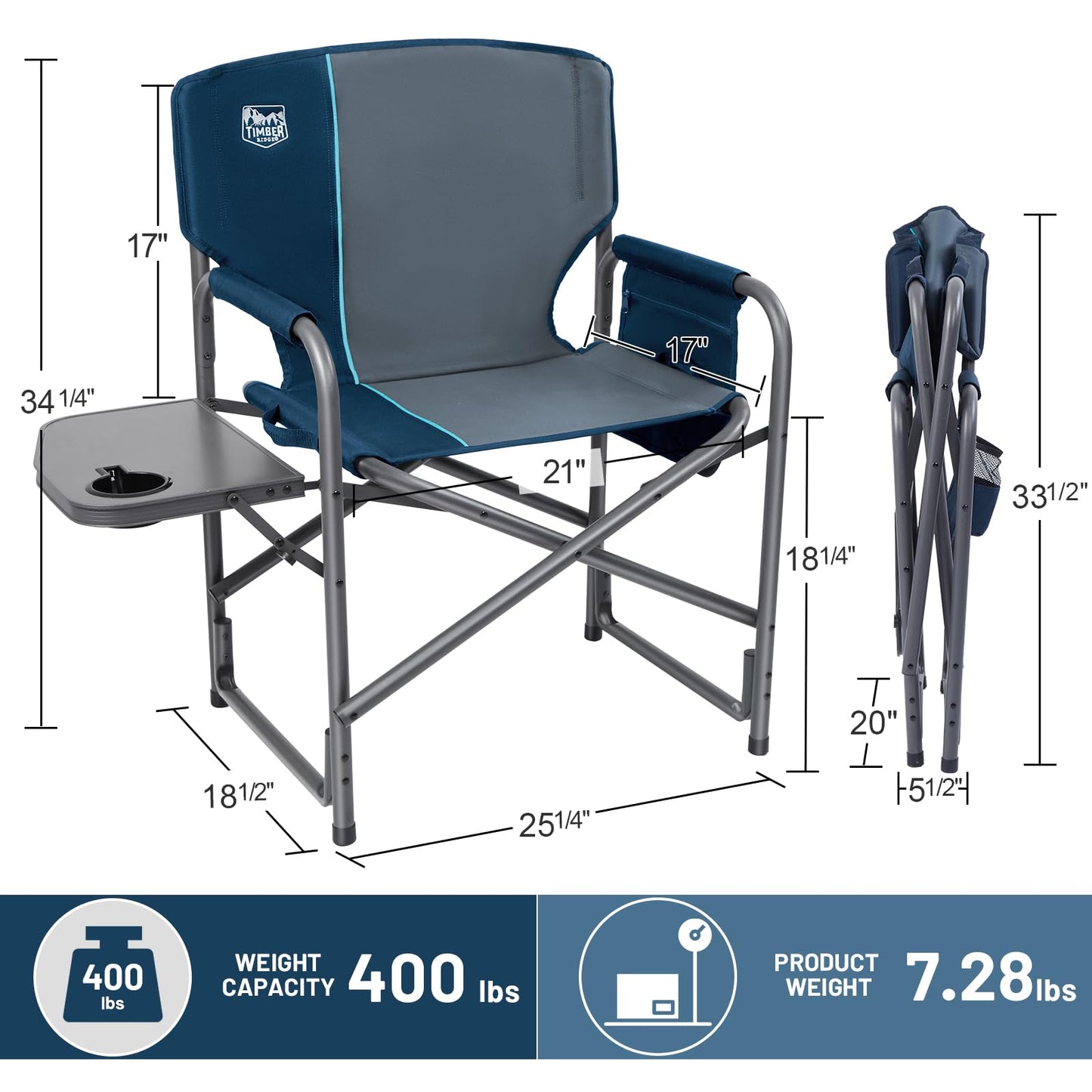 Timber Ridge Aluminum Oversized Camping Chair, Lightweight Portable Directors Chair with Side Table Detachable Side Pocket for Outdoor Camping, Lawn, Picnic, Support 400lbs Blue
