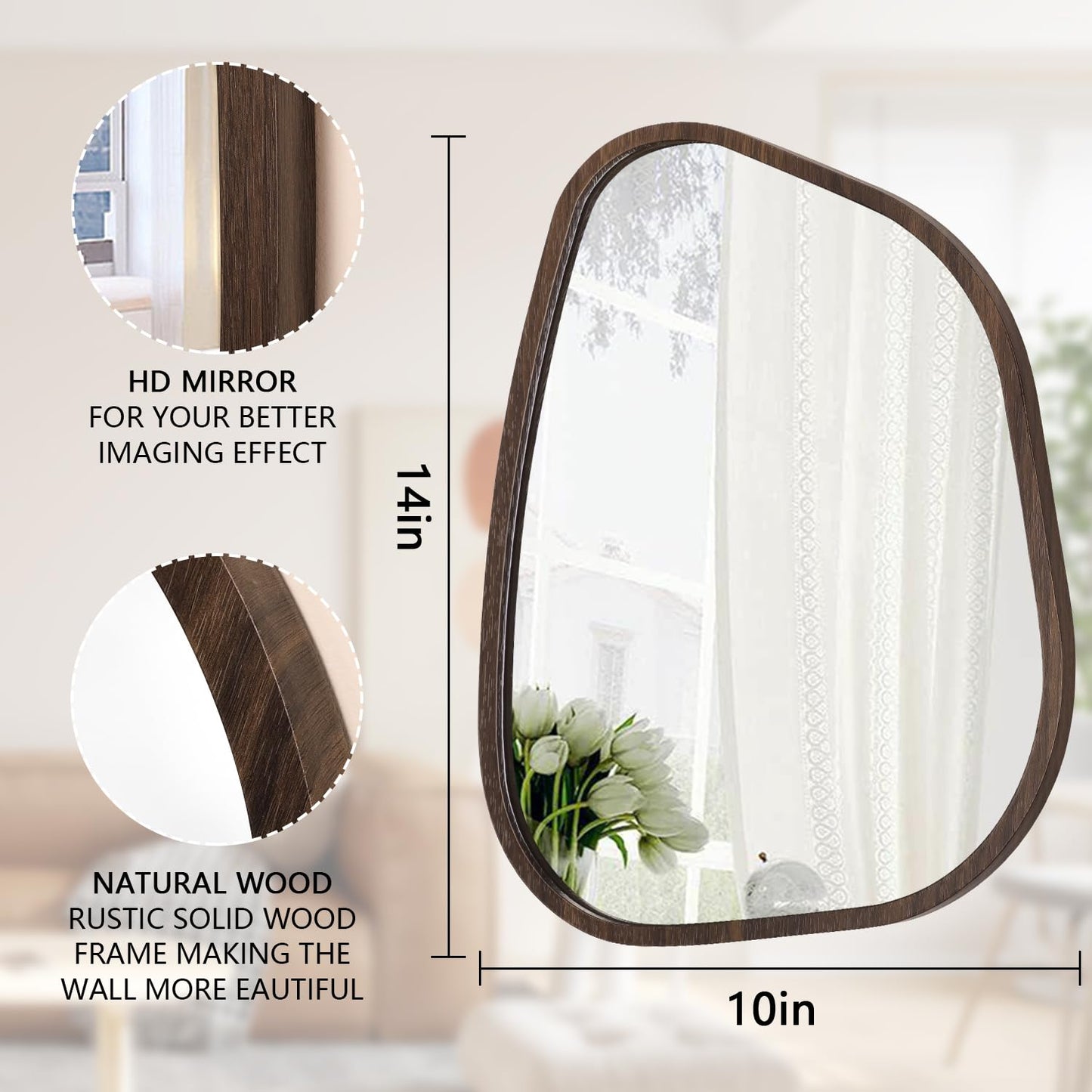 HLFMVWE Asymmetrical Wall Mirror Irregular Wood Frame Modern Unique Wall-Mounted Artistic Wavy Mirror Decor Bathroom Vanity Bedroom Living Room Entryway Hallway 14"x10"