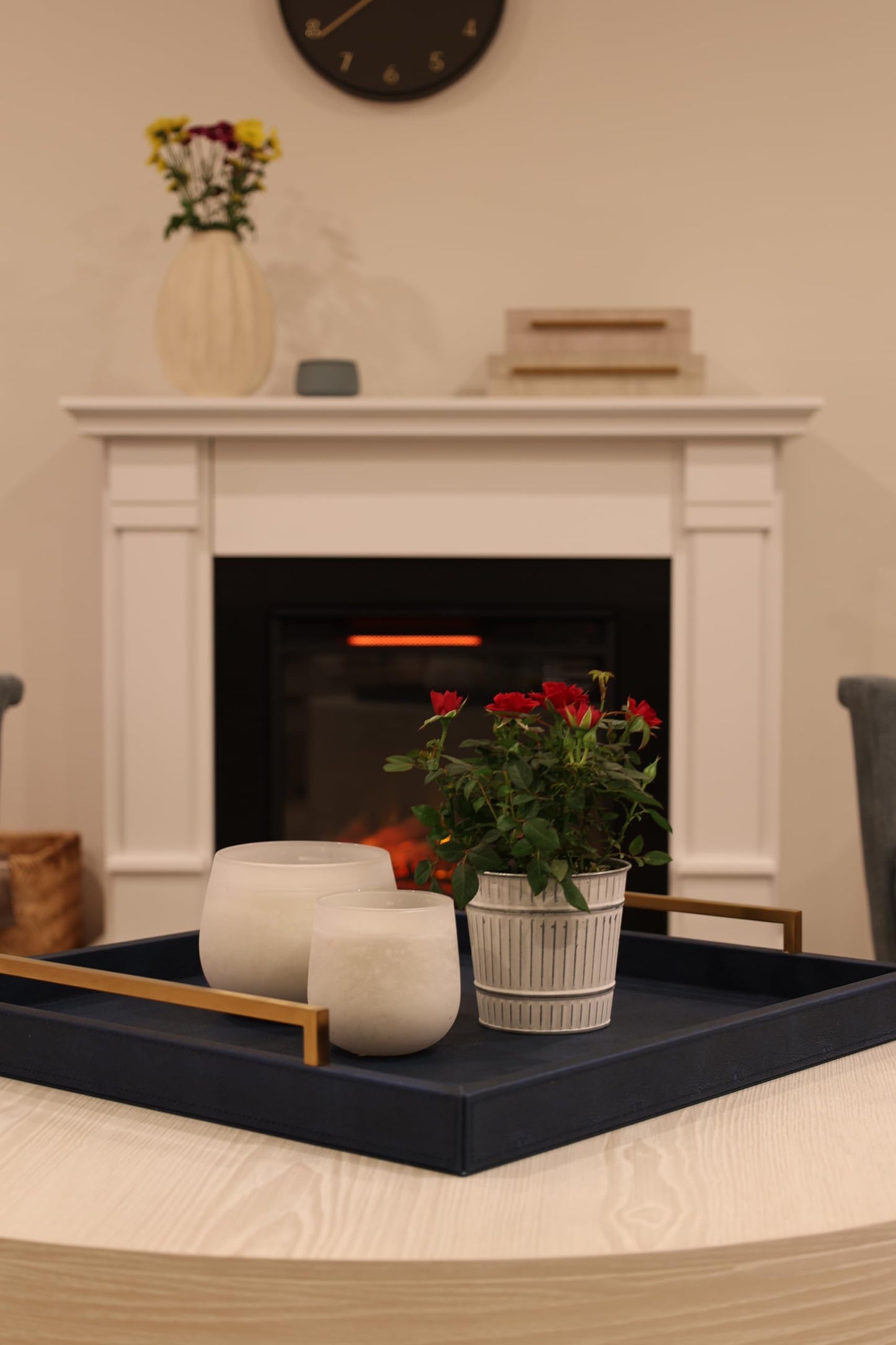 24"x24" Oversized Square Ottoman Tray for Living Room, Extra Large Navy Blue Shagreen Leather Decorative Tray for Coffee Table,Wooden Serving Trays for Dinner Party (navyblue-Gold Handle, 24")