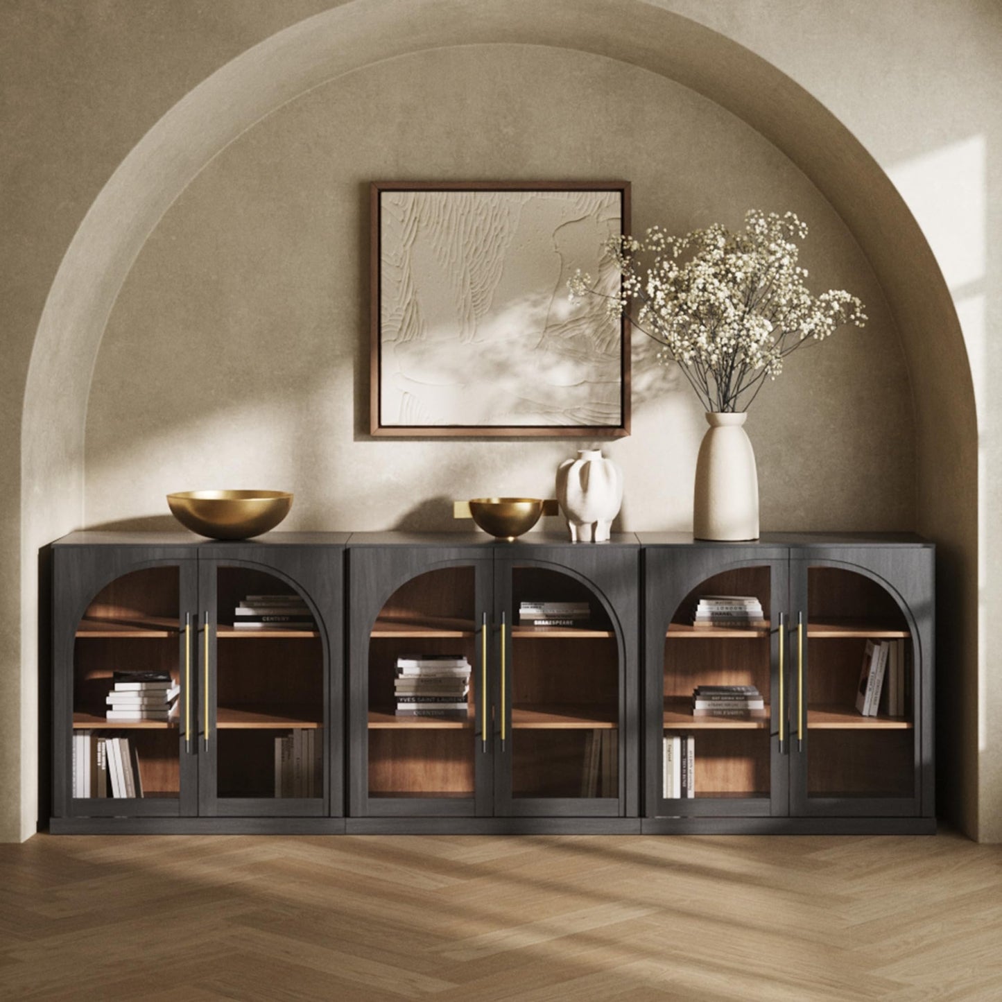 BELLEZE Set of 2 Modular Sideboard with Arched Glass Door, Accent Display Buffet Cabinet with Storage and Adjustable Shelves, 65'' Classic Modern Credenza for Living Room Kitchen Entryway (Ebony)