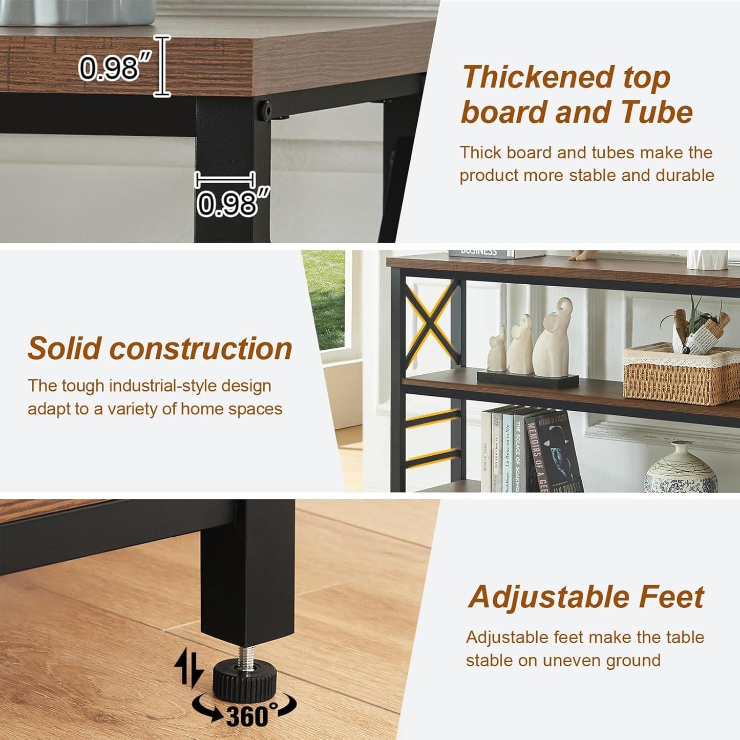 HOMBAZAAR Sofa Table,Industrial Console Table with Storage,Entryway Table with Engineered Wood and Metal,Rustic 3 Tier Shelf for Living Room,Hallway,Brown,55 Inch