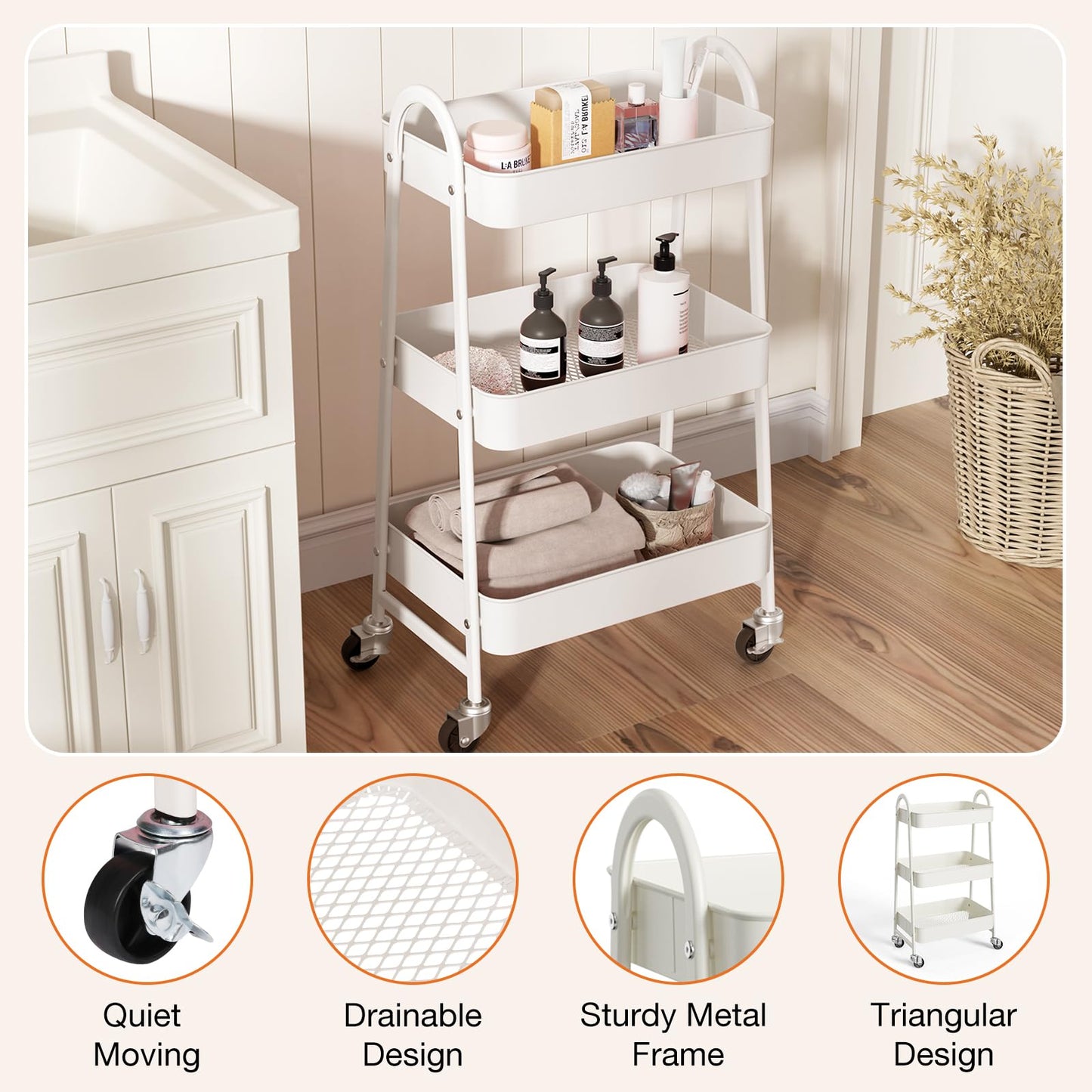 NEWBULIG 3-Tier Metal Rolling Cart with Lockable Wheels, Heavy Duty Mobile Utility Storage Shelf, Roller Book Snack Cart, Organization for Livingroom, Bathroom, Office, White