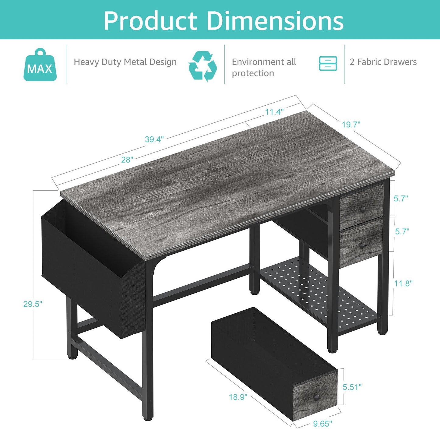 Lufeiya Computer Desk with Fabric Drawers, 40 Inch Gaming Desk for Small Space Home Office, Modern Simple Study Writing Table PC Desks for Bedroom, Gray