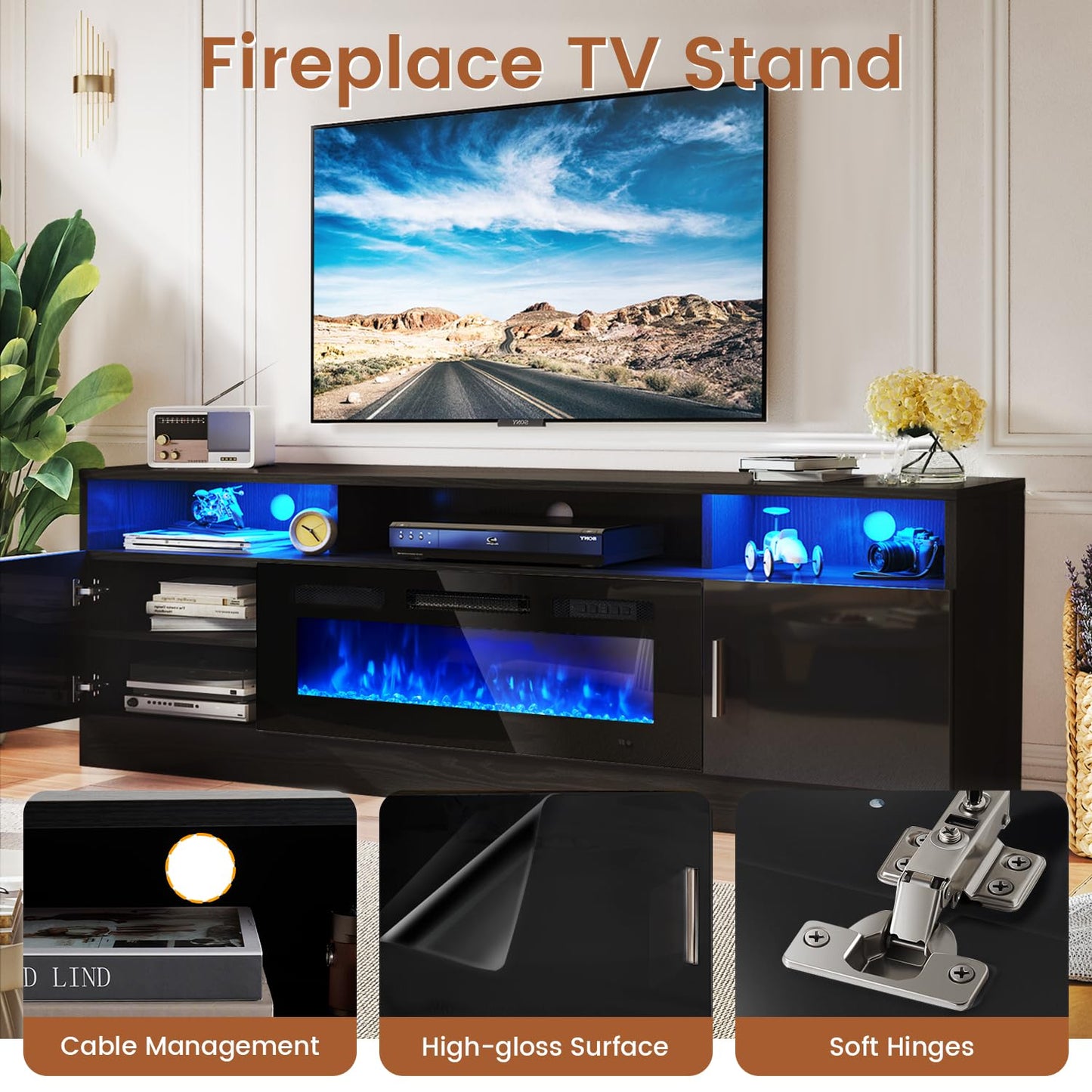 MXV 70" Fireplace TV Stand with Power Outlet for TVs UP to 80", Electric Fireplace Entertainment Center with LED Lights & Storage Cabinets, TV Console for Living Room, Office, Black-Black