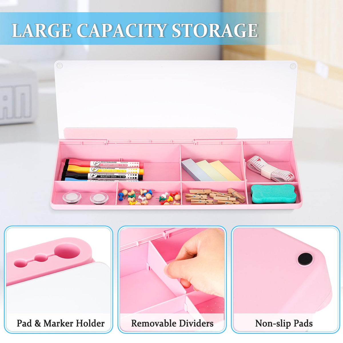 DOLLAR BOSS Glass Desk Whiteboard Small Dry Erase Board Desktop White Board with Storage Drawer Computer Keyboard Stand Desk Organizer Office Accessories School Supplies with 4 Markers 1 Eraser, Pink